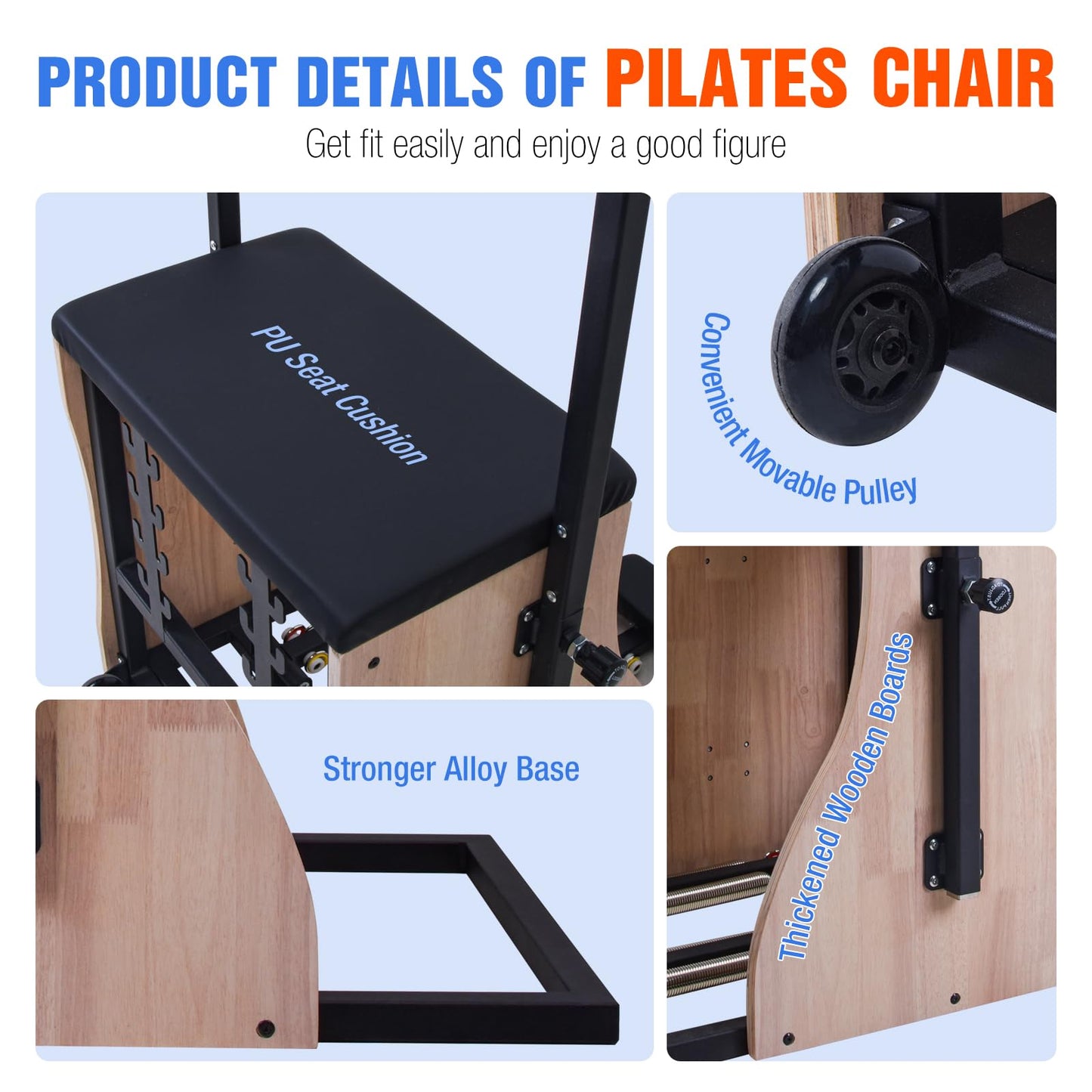 Pilates Chair Wunda Chair Pilates Combo Chair with Handles Split Pedals Reformer Machine 4-Level Resistance for Yoga Core Training Rehabilitation Includes Non-Slip Socks