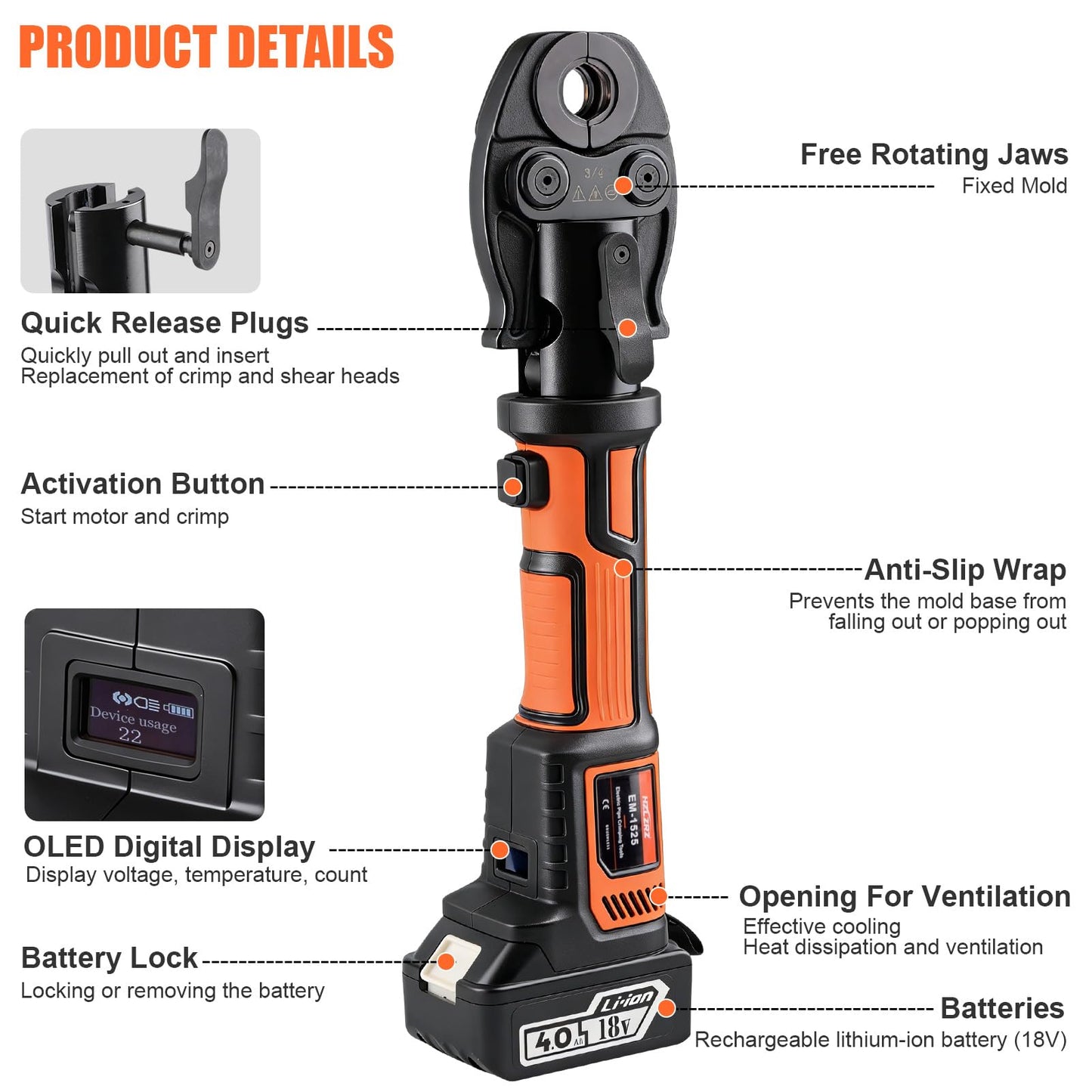 HZLZRZ Pro Press Tool 18V Brushless Electric Crimping Tool Kit for Copper Pipe, Includes "1/2, 3/4, 1, 1-1/4" ProPress Fittings with 4 Press Jaws, 2-Pack 4.0Ah Batteries, Fast Charger & Carrying Case