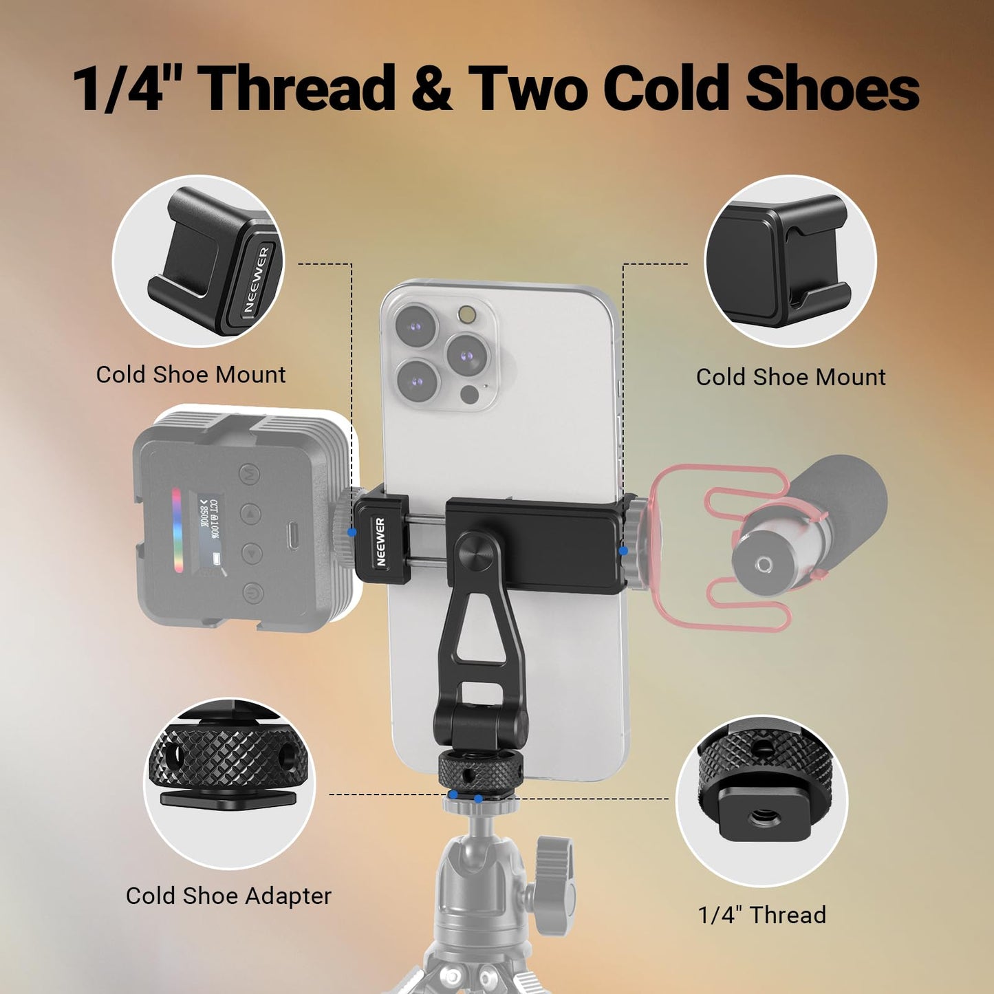 NEEWER Metal Phone Tripod Mount with Cold Shoes, 1/4" Thread, 180° Tilt, 360° Rotation, Adjustable Phone Clamp Holder Compatible with iPhone 17 Pro Max 16 15 Samsung S25 S24 Ultra Camera Cage, GA010