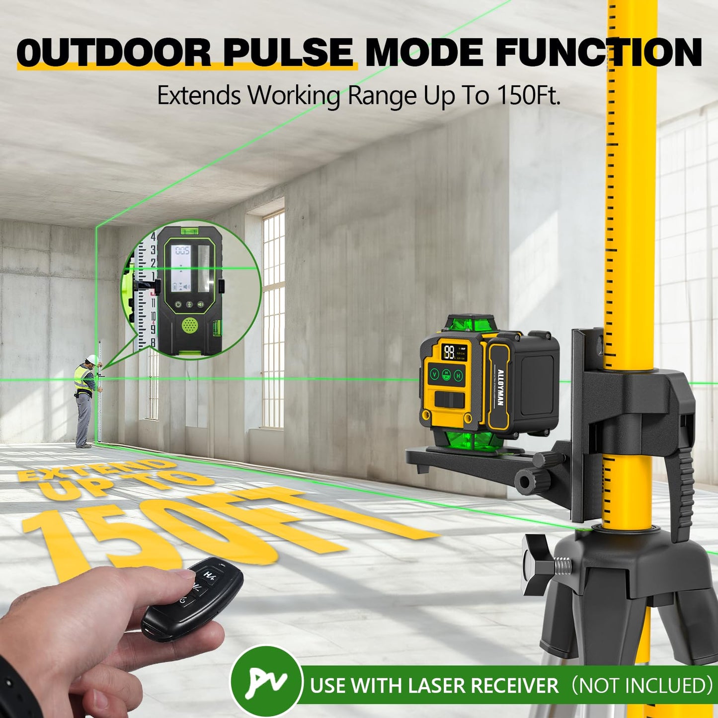 Alloyman 4x360°Self Leveling Laser Level, 12 Ft./3.7M Professional Laser Level Pole with Tripod, Green Line Lazer Leveler Tool with 2* Li-ion Batteries for Picture Hanging, Tile, Home Renovation
