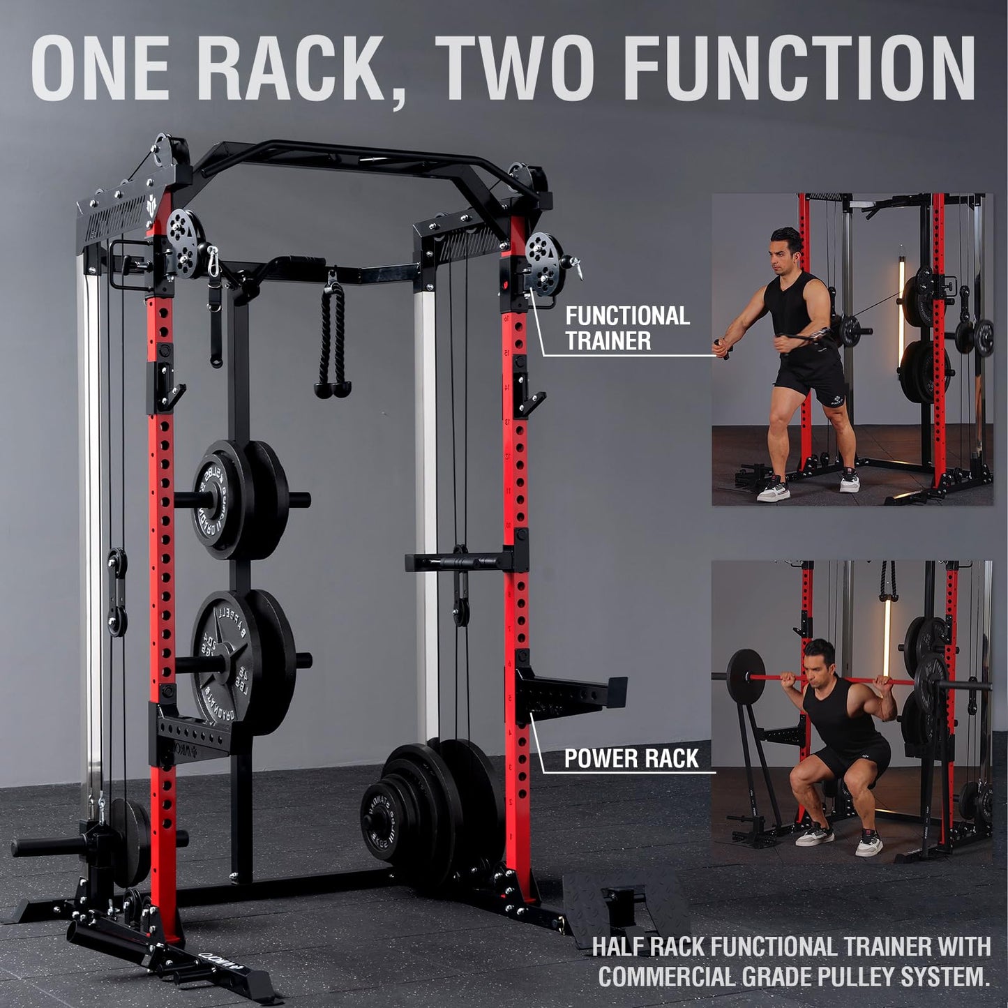 Mikolo Power Cage, 2000LB Power Rack with Independent Dual Pulley System, Multi-Function Home Gym Workout Machine for Cable Crossover (Aluminum Pulleys)