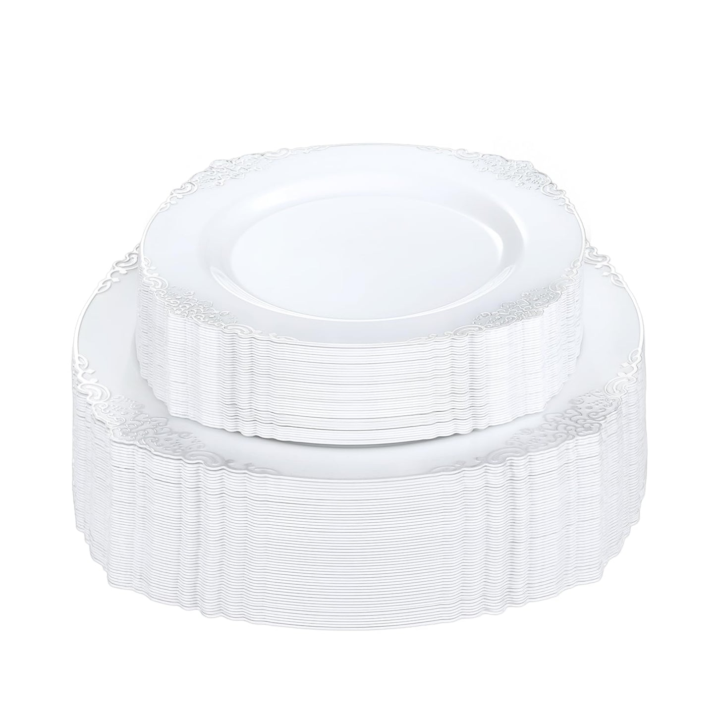 Bestluck 100 PCS White and Silver Plastic Plates for 50 Guests, Rose Gold Disposable Plates Include 50 PCS Dinner Plates, 50 PCS Dessert Plates for Party, Wedding and Baby Shower