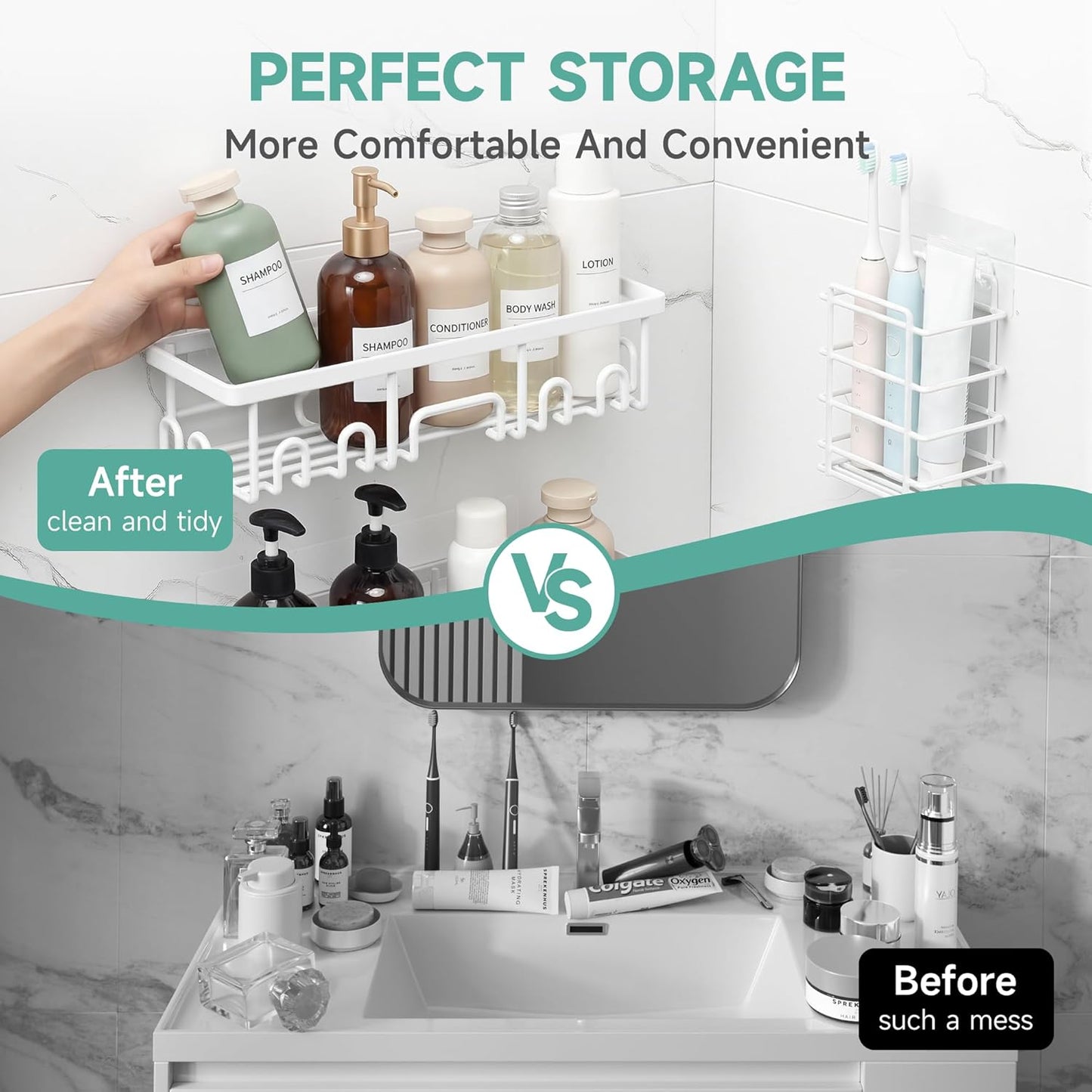 Veken Shower Caddy - 6-Pack Rustproof & Waterproof Adhesive Shelves | Large Bathroom Organizer in White