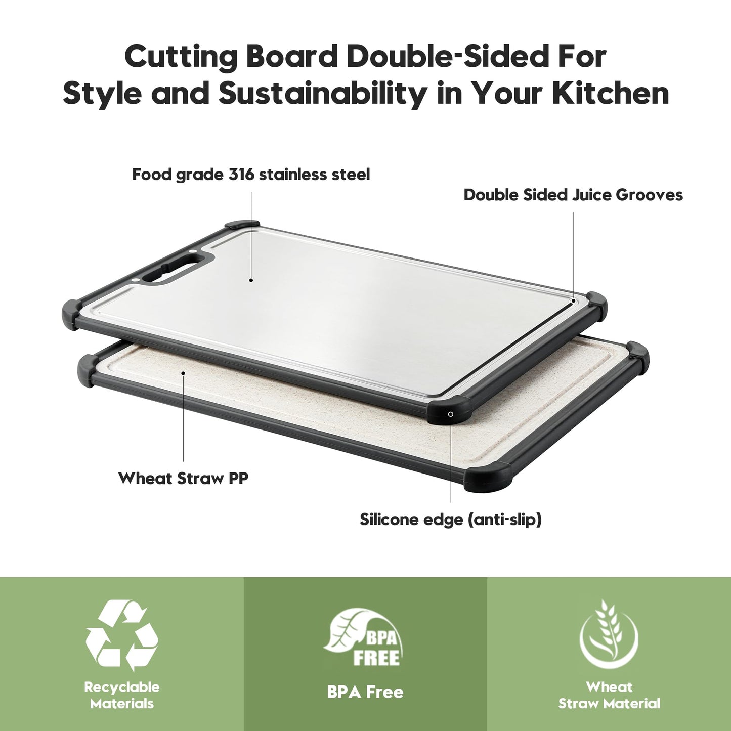 Premium 316 Stainless Steel Cutting Board for Kitchen Extra Large 16.9" x 11.8" Best Non-Toxic Chopping Board for Meat Food-Grade Metal & Eco-Friendly Wheat Straw Dual-Sided Healthy Kitchen Essential