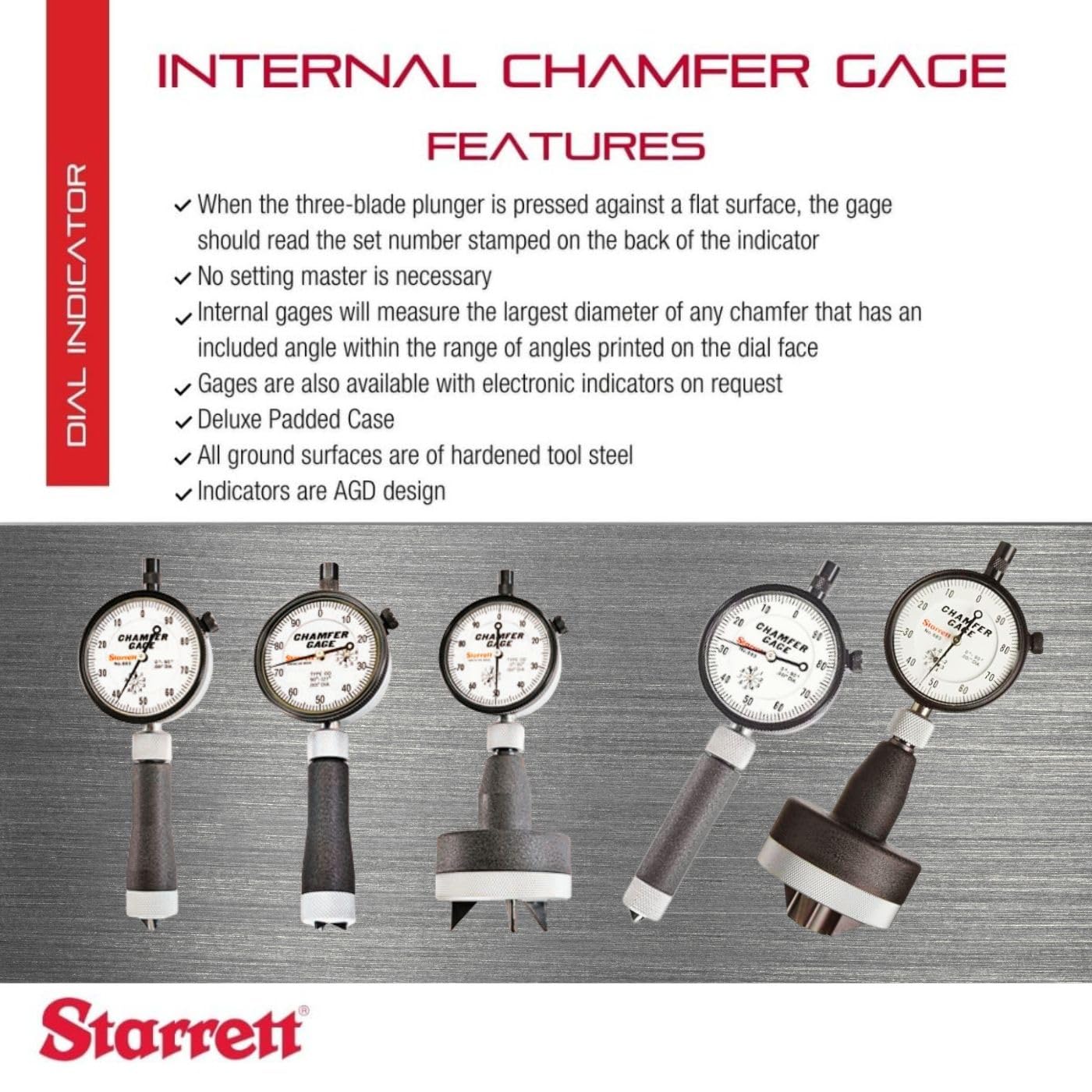 Starrett Inch Reading Dial Indicator Internal Chamfer Gage - for 90-127 Degrees Angles - 0-1" Range, Deluxe Padded Case - 684-3Z