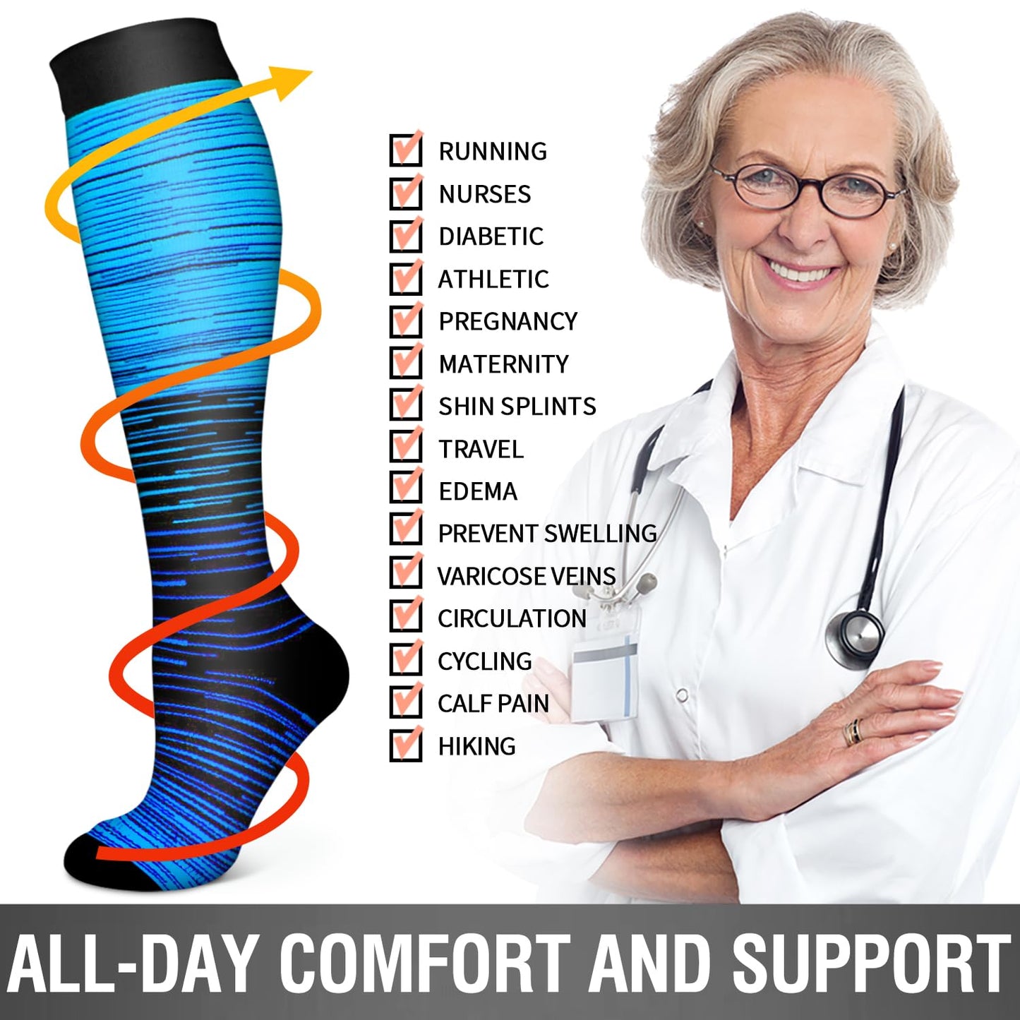 6 Pack Copper Compression Socks for Women and Men Circulation-Best Support for Medical,Running,Nursing,Athletic