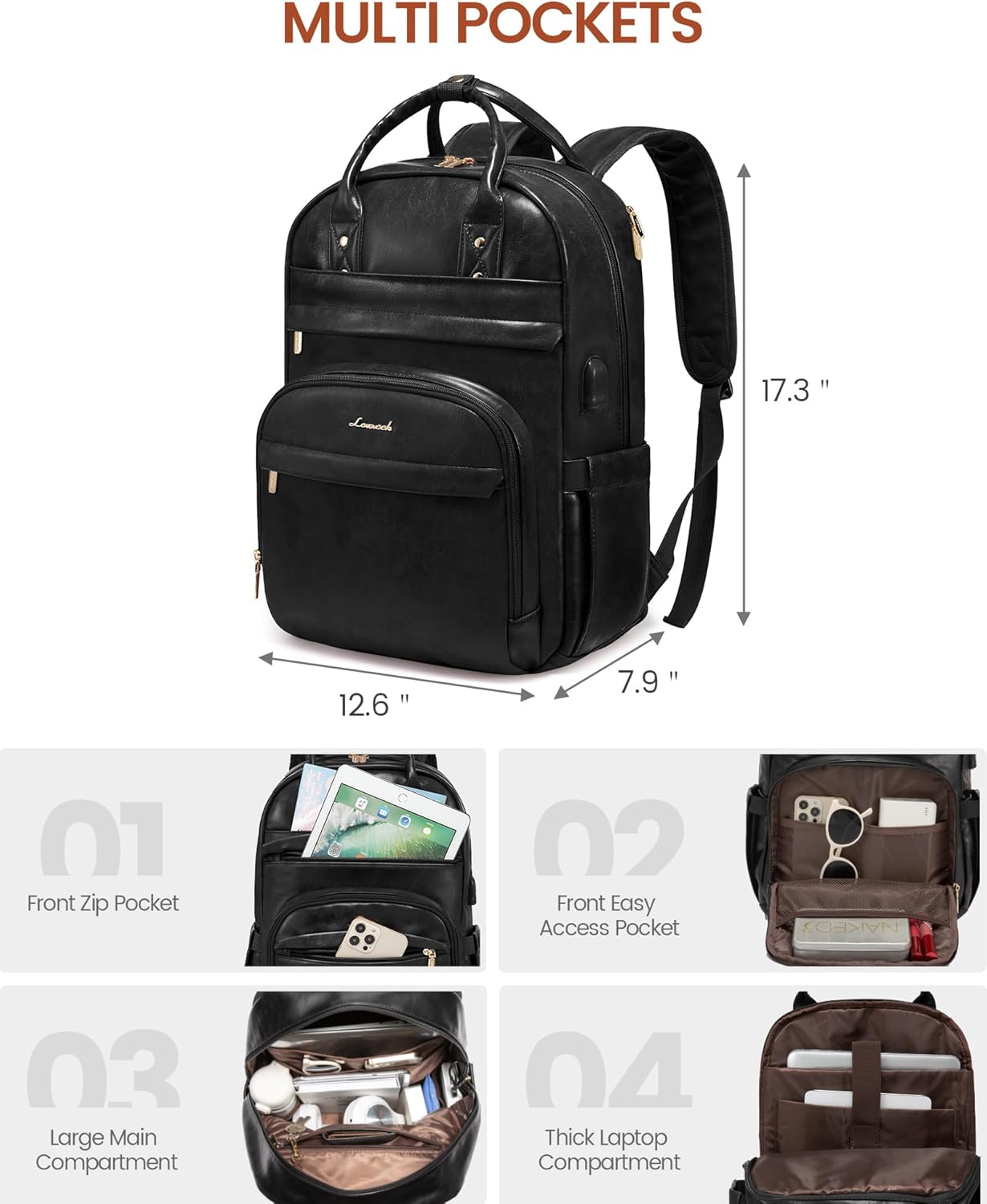 15.6 inch Backpack, 25L, LOVEVOOK Vintage PU Leather Women's Laptop Black, Water Resistant, USB Charging Port