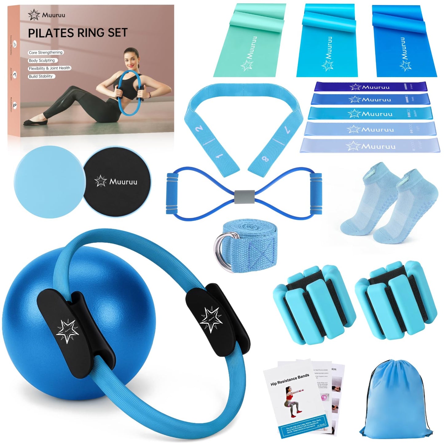 Muuruu Pilates Equipment Kit for Home Workout, Pilates Ring and Ball Set for Women, 14'' Magic Circle Essentials Accessories Kit, Wrist Weights, Resistance Bands, Yoga Strap, Socks, Bag Blue