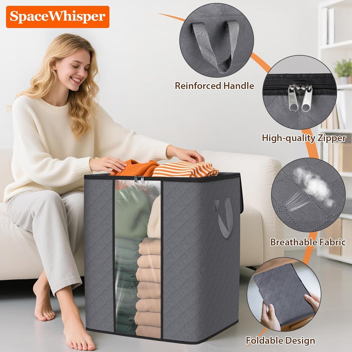 SpaceWhisper 100L Clothes Storage Bags - Foldable Thick Fabric Organizers for Bedroom & Closet | Grey 3-Pack