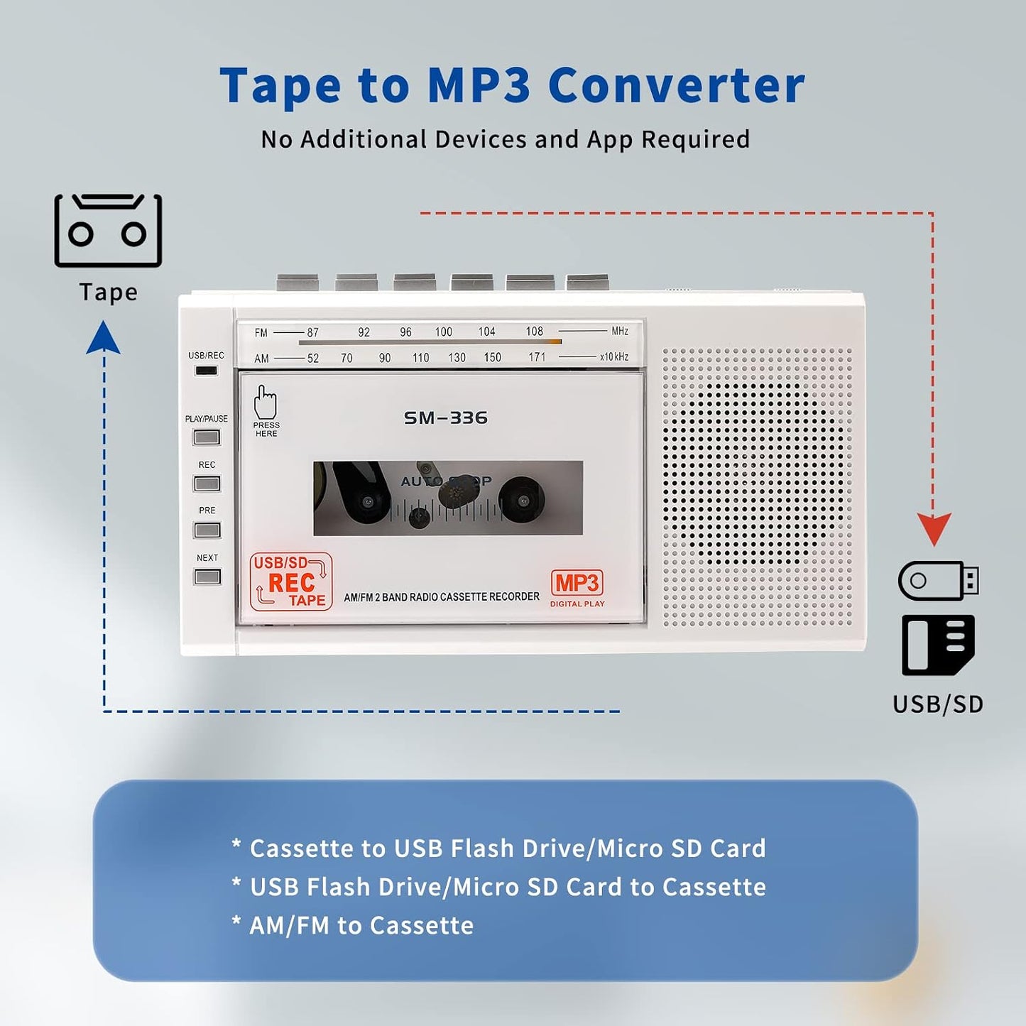 Cassette Cassette 4 SEMIER Small Player Recorder, to Digital Converter via USB or Micro SD Card, Powered by AC or AA