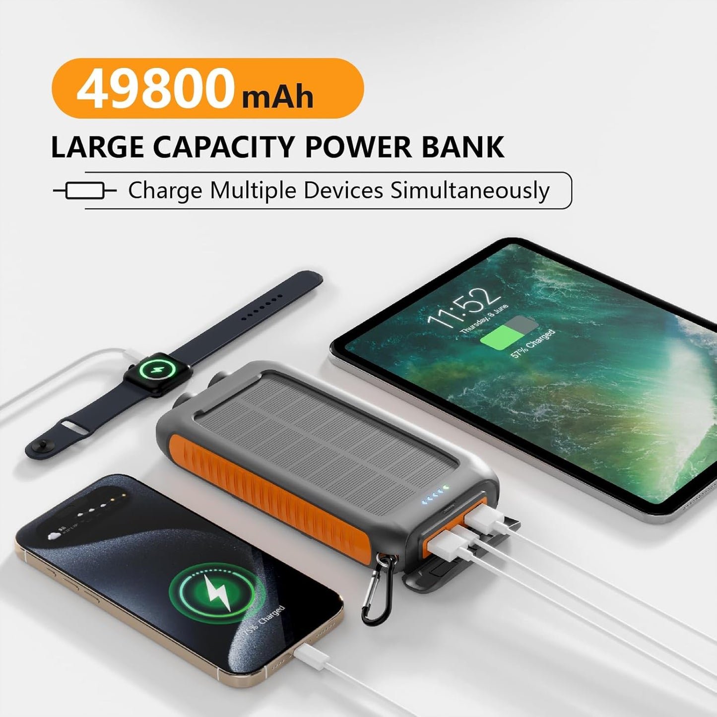 49800mAh 2 15W Solar Charger Power Bank Portable Solar Phone Charger with USB-A and Type-C Interface, Fast Charging