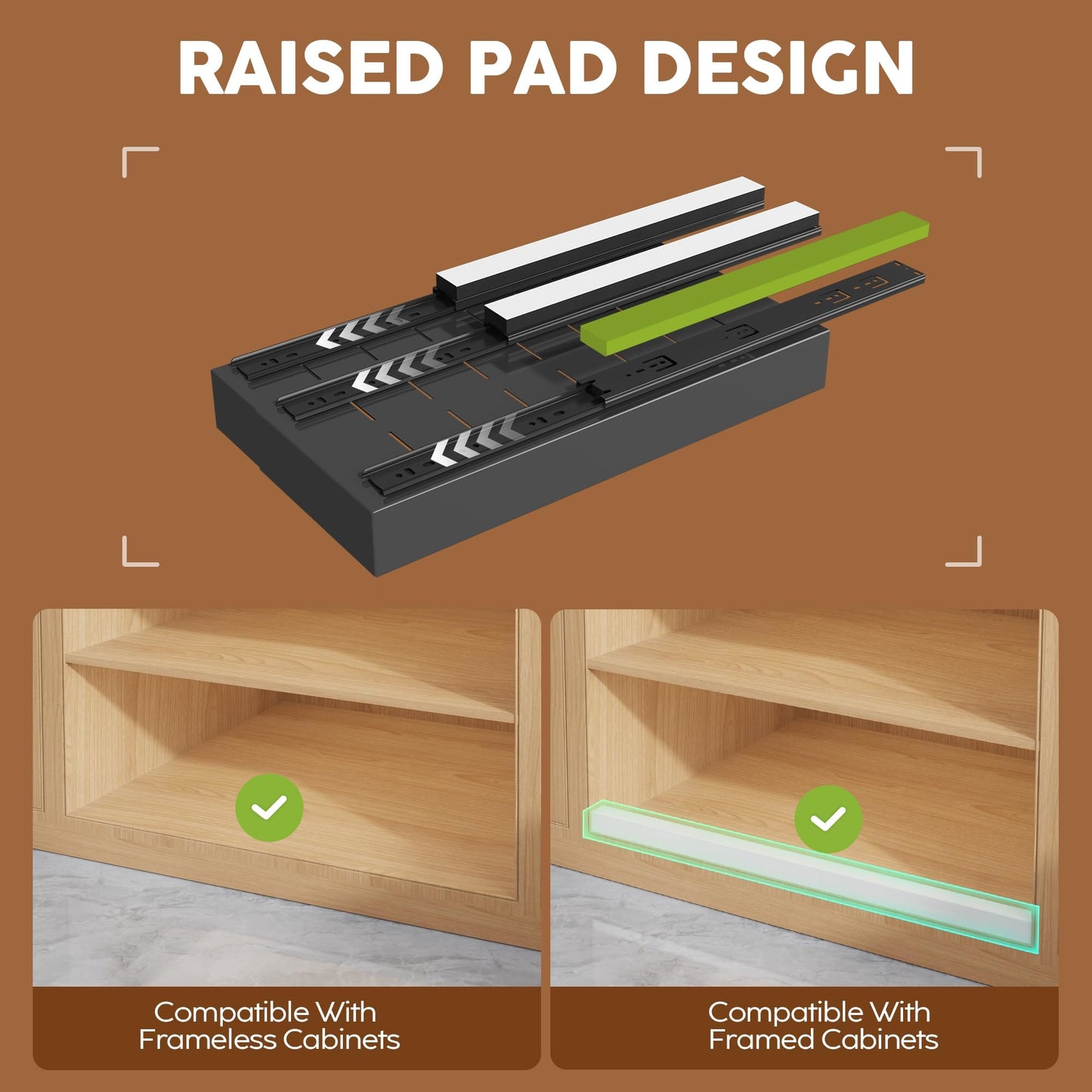Seinloes 4 Pack Expandable Width (9"-14.1") Pull Out Cabinet Organizer 21" Deep with Raising Pad for Framed Cabinets, Upgrade 3 Slide Rails Slide Out Drawers, Roll Out Shelves Adhesive, Black