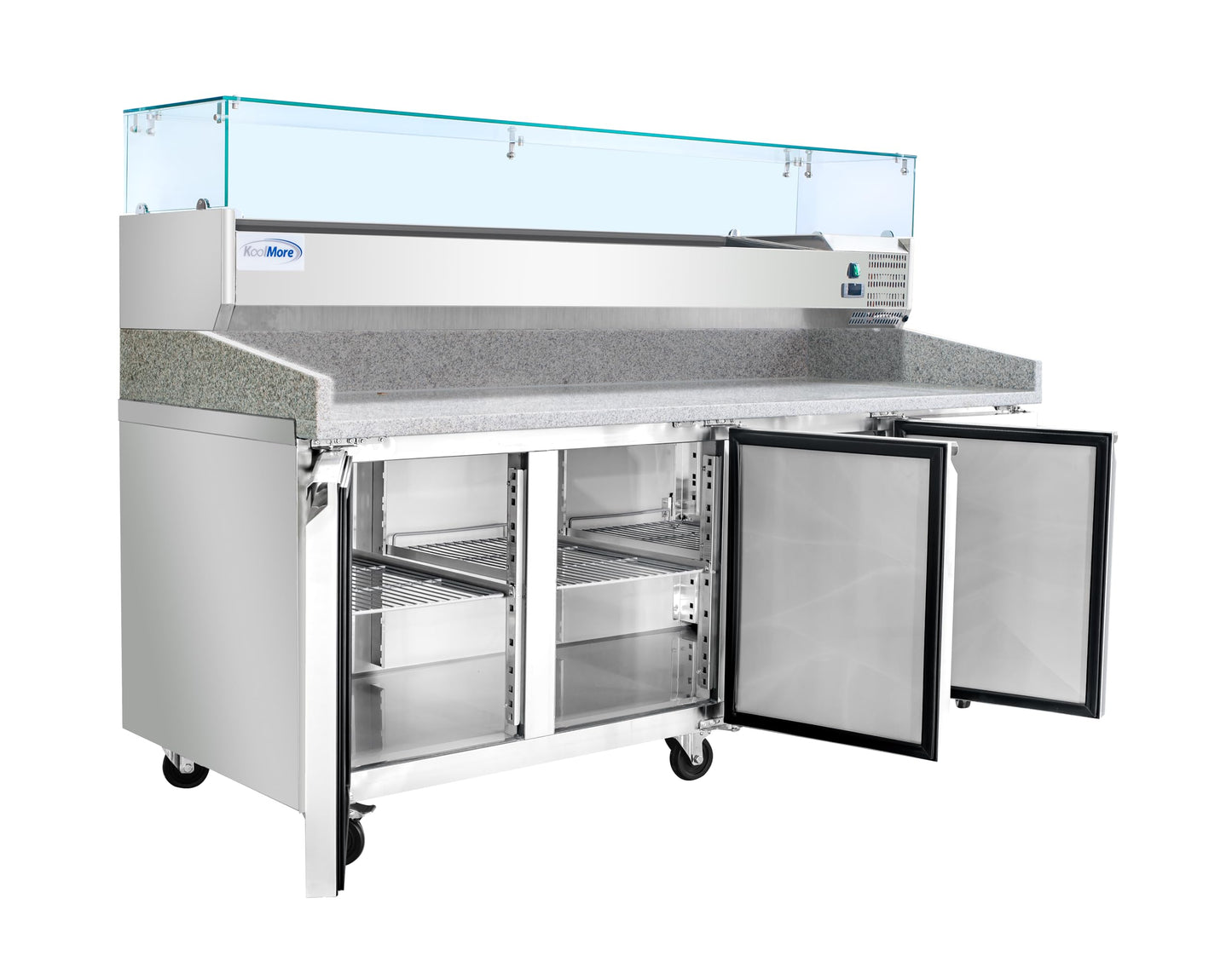 KoolMore 79 in. Three-Door Commercial Granite Top Pizza Prep Refrigerator with Refrigerated Condiment Pan Holder in Stainless-Steel (KM-RPCPS-2D79-GRT)