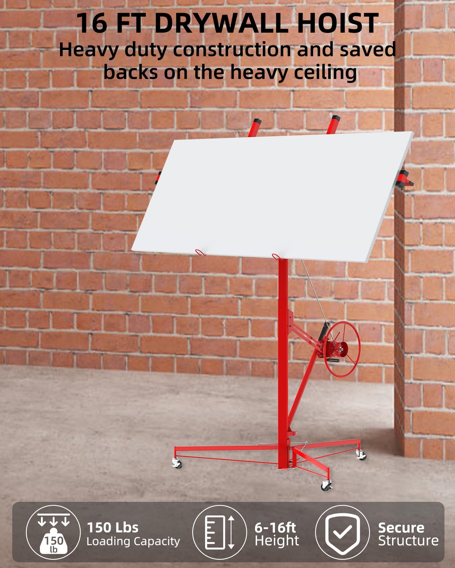 16 FT Heavy Duty Drywall Lift Hoist, 150 Lbs Capacity Adjustable Telescoping Panel Jack with 360° Swivel & Locking Wheels for Ceiling & Wall Installation