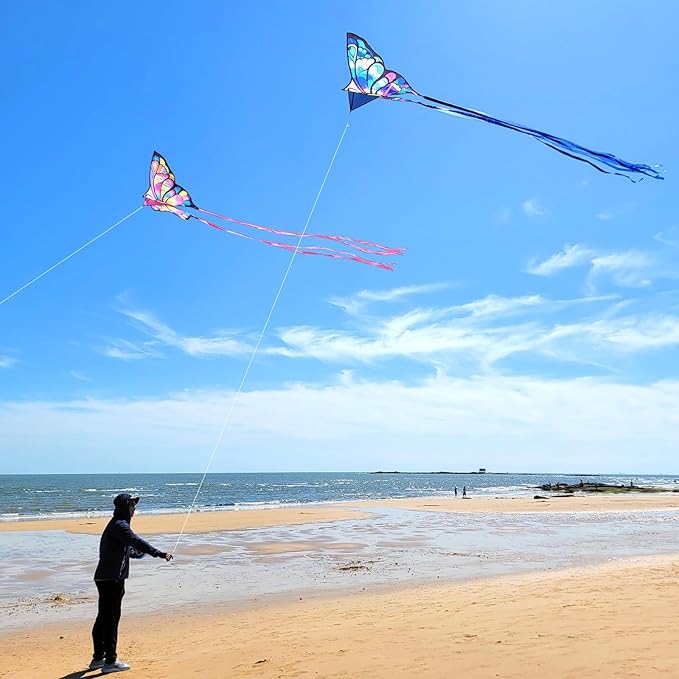 Simxkai Butterfly Kite for Kids & Adults, Easy to Fly Blue Big Kite for Beginners, Line Handle Included (1Pack 2Pack)