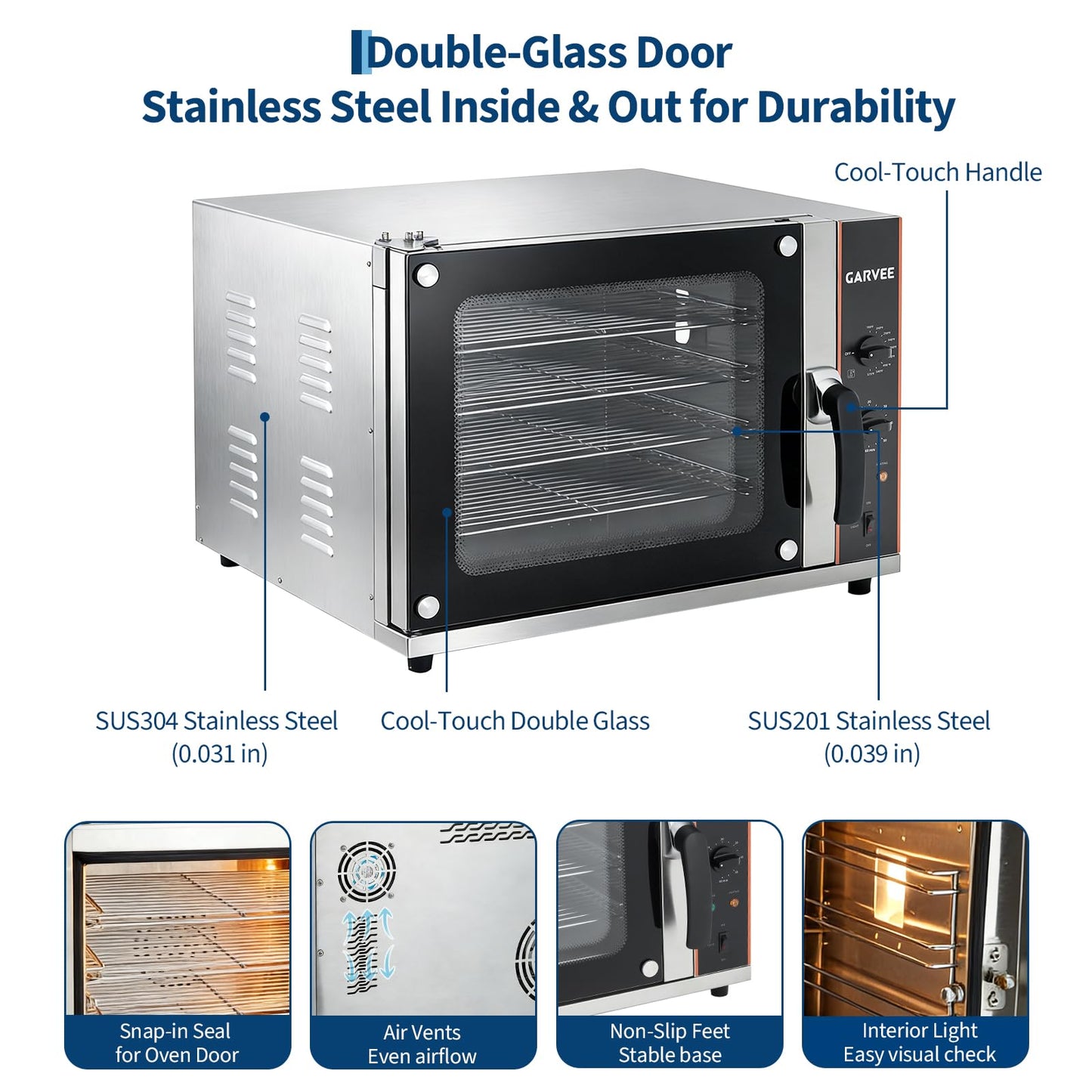 Commercial Convection Oven 2.3 Cu.ft, 2400W High Power 4-Tier Countertop Oven, 68L/60Qt, Stainless Steel Baking Electric Oven with 4 Trays & Timer & Clip Gloves, 120V, for Restaurant Shop