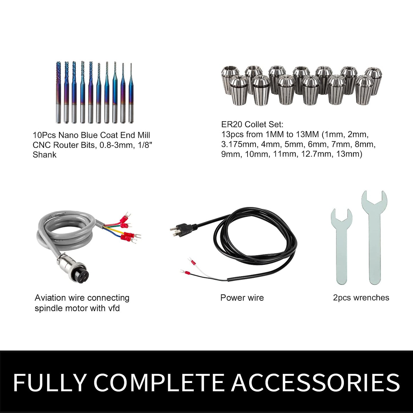 CNC Spindle Motor Kits, 110V 2.2KW Φ80mm Air Cooled Spindle CNC Spindle CNC Motor + 2.2KW VFD+Φ80mm Clamp Mount + Collet kit ER20+ Drill bits+ Wires for CNC Router Machine