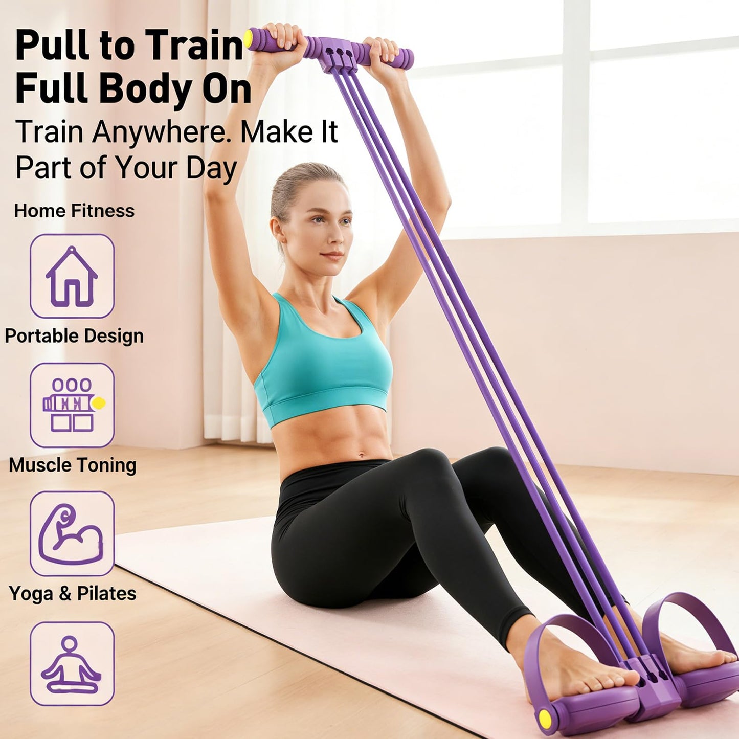 Pedal Resistance Band with Handle,6-Tube Multifunction Stretching Workout Band for Stretching Workout, Abdomen Arms Legs Training,Yoga Pedal Puller,Home Gym