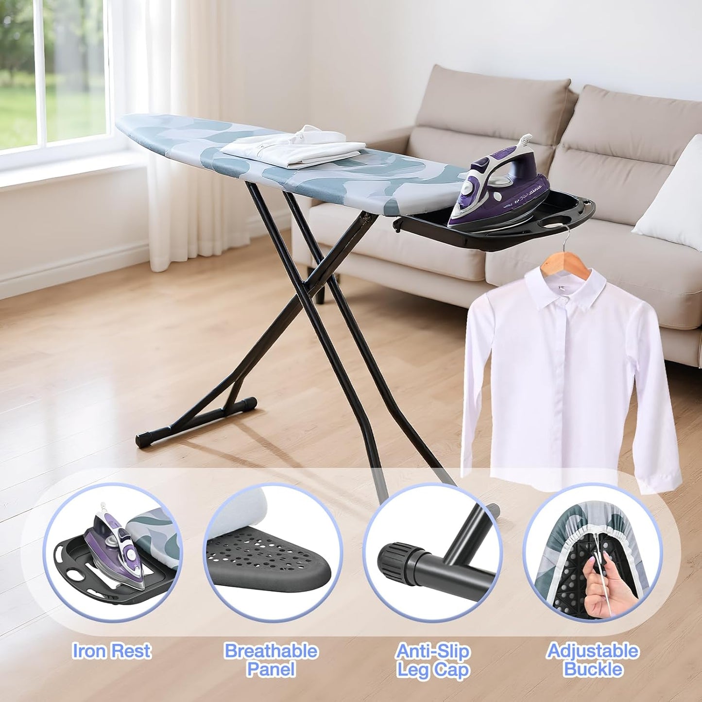 APEXCHASER Foldable Ironing Board - Full Size with Heat Resistant Cover & 7-Lever Height Adjustment | Blue 14x54