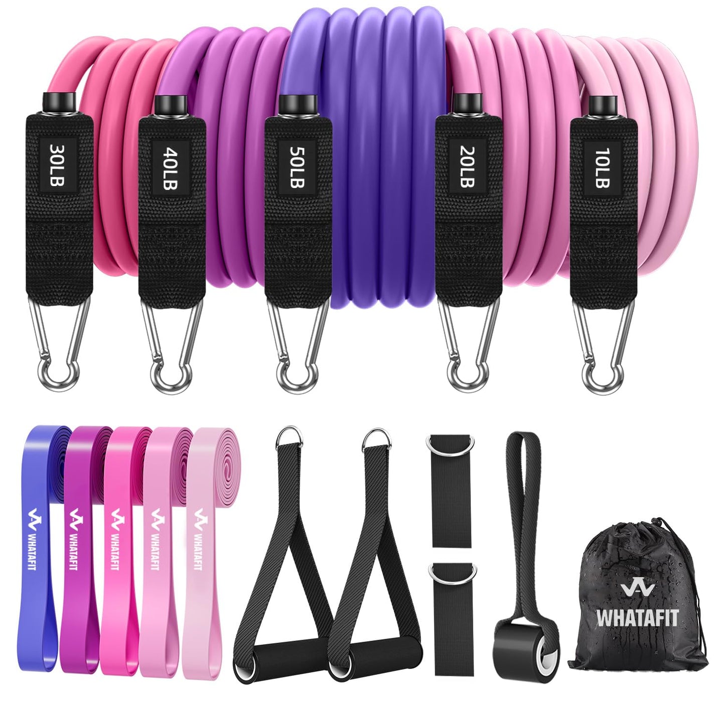 WHATAFIT Resistance Bands, Exercise Bands，Resistance Bands for Working Out, Work Out Bands with Handles for Men and Women Fitness, Strength Training Home Gym Equipment Pink Purple 16PCS