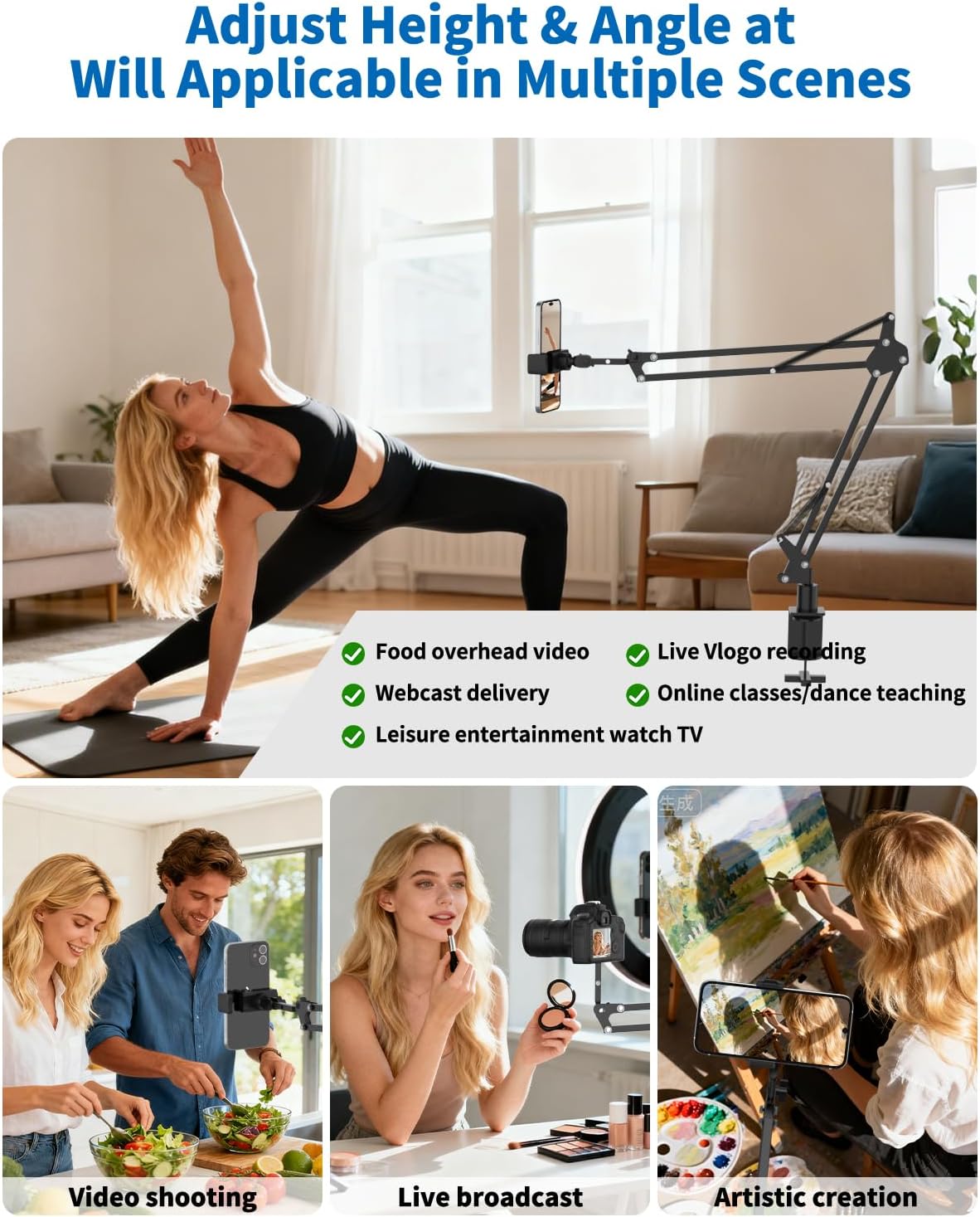 LILANZo 1/4" Overhead Camera Phone Mount, Desk Phone Stand for Recording, Phone Holder for Bed with Phone/Tablet/Mic