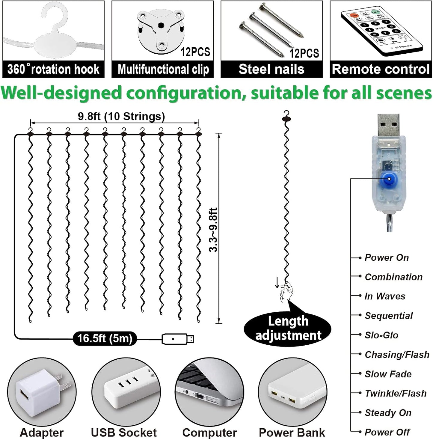 ZSJWL 300 LED Curtain Fairy Lights - Remote Control, 8 Modes, 9.8x9.8 Ft, Warm White Twinkle Lights for Bedroom & Events