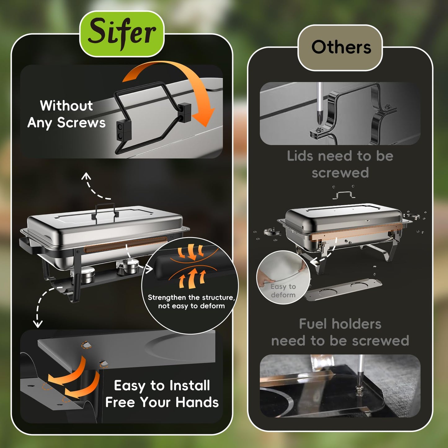 SIFER Chafing Dishes for Buffet 9Qt 4 Pack with Multi-Size Food Pans-Screwless Installation Chafing Dish Buffet Set,Foldable Handles Stacking Design,Stainless Steel for Events,Black