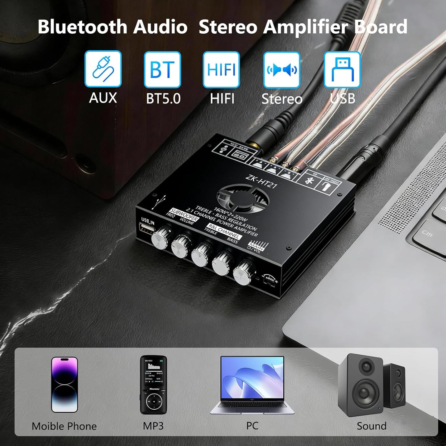 Sigllr 5.1 Board,540W 2.1 Bluetooth Audio Amplifier HiFi Channel Mini Subwoofer Power Amp Module with Treble & Bass