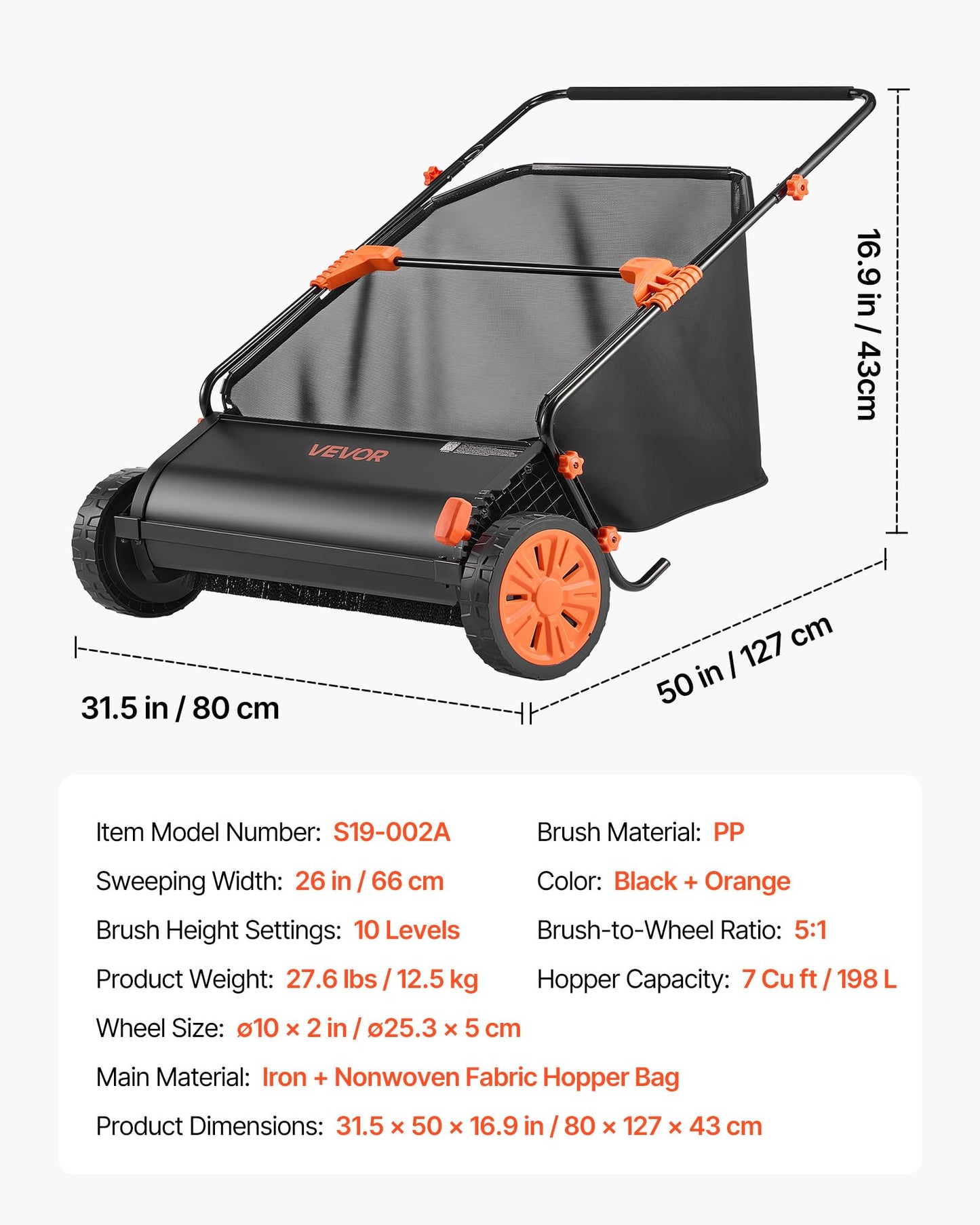 VEVOR Push Lawn Sweeper, 26 in Leaf & Grass Collector with 7 cu. ft. Hopper Bag, Adjustable Brush Height & Spinning Brushes, Heavy Duty Yard Sweeper with Rubber Wheels for Leaves Grass Cleanup