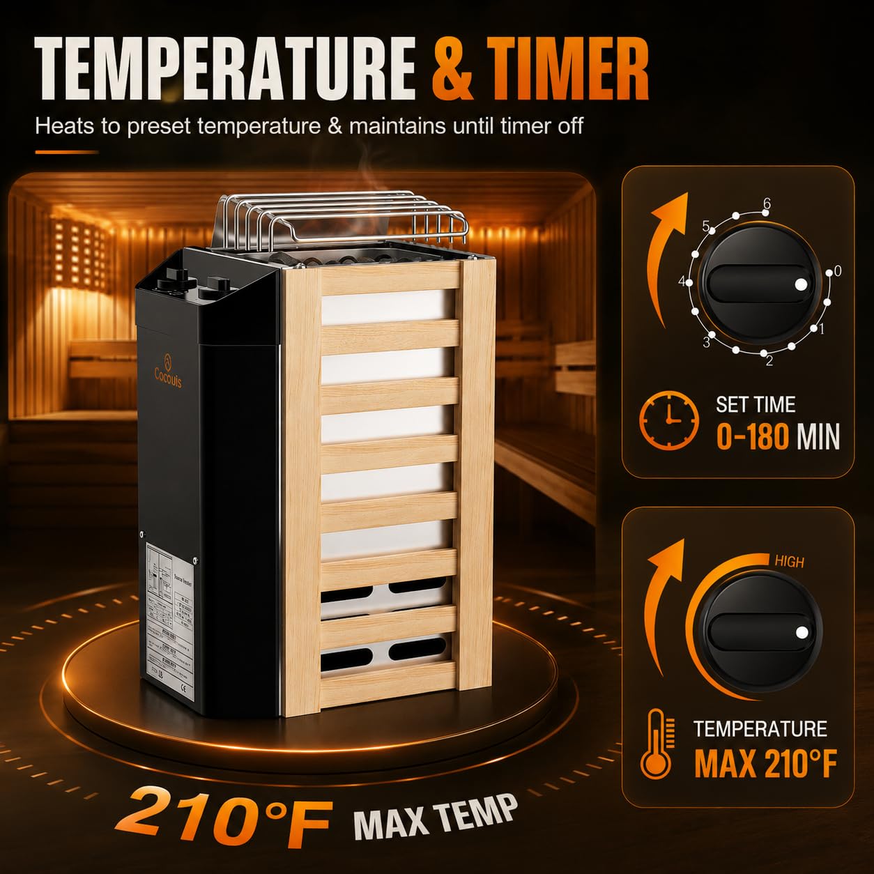 2KW 110V Sauna Heater with Plug, No Need for Wiring, Plug and Play, 100 Cu.Ft. Heated Area, Electric Sauna Heater with 3h Timera and Internal Temperature Control, Suitable for Small Sauna Rooms