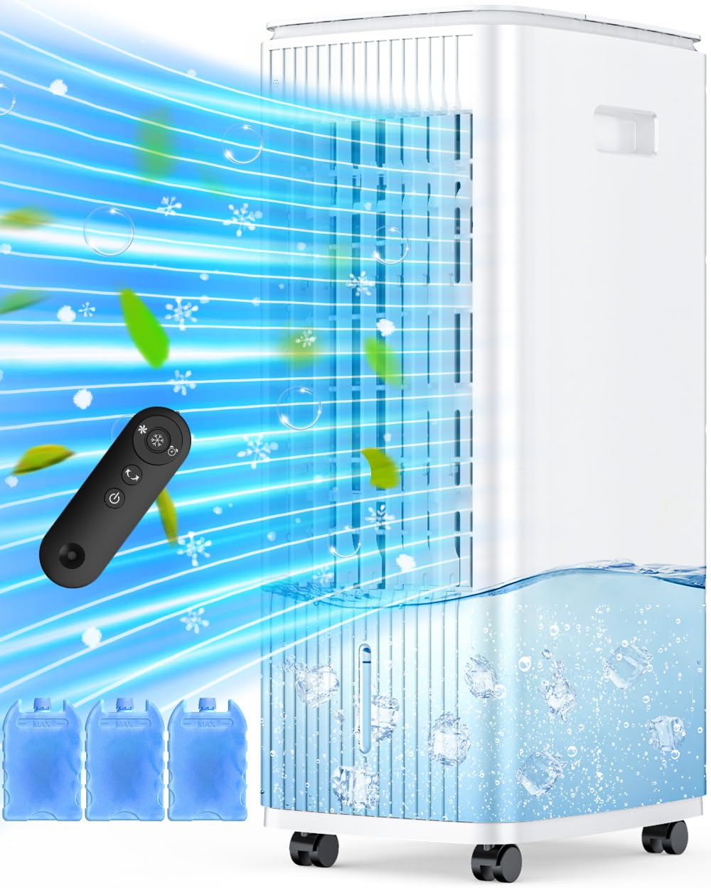 MYICY Evaporative Air Cooler, 25 Inch Swamp Cooler Air Conditioner w/Double Tanks, 7H Timer, 16ft Remote, 3 Ice Packs, 70° Oscillation, 3 Speeds & 2 Modes, 60W Portable Windowless Air Conditioner