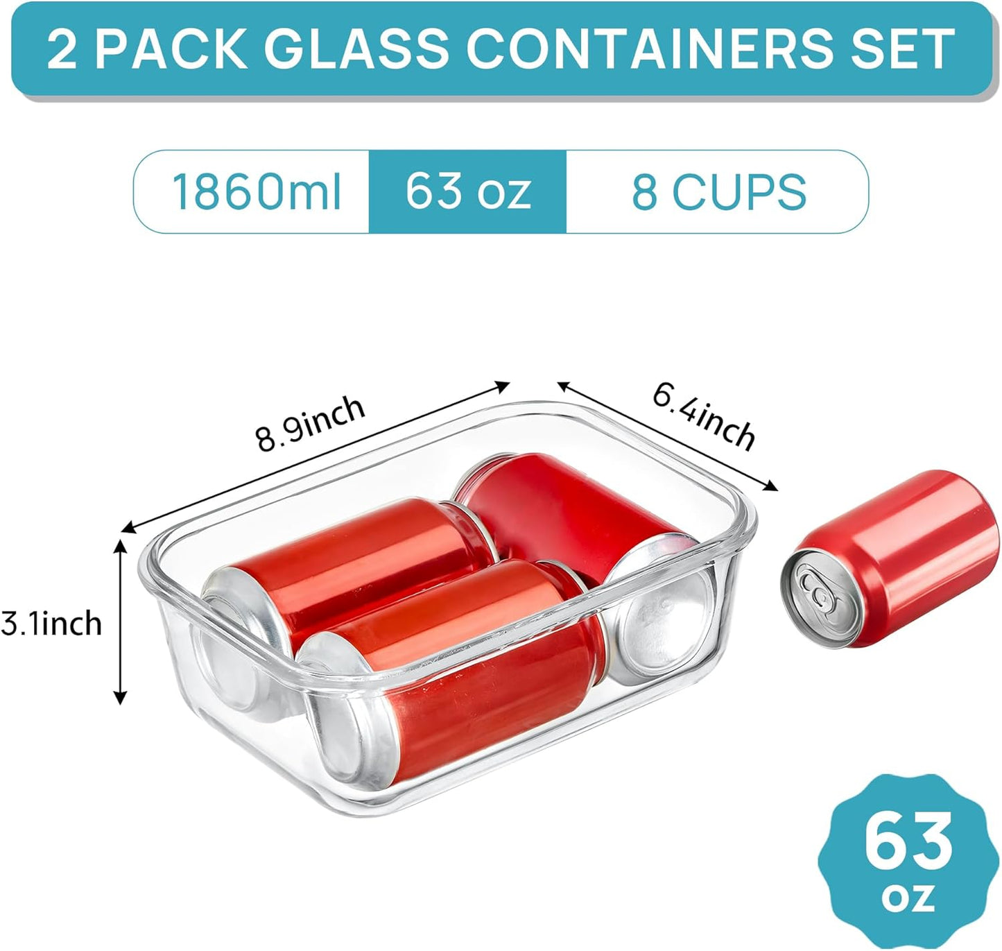 Vtopmart Large Glass Storage Containers - 2-Pack 1860ml | Airtight Lids for Meal Prep & Baking, Grey
