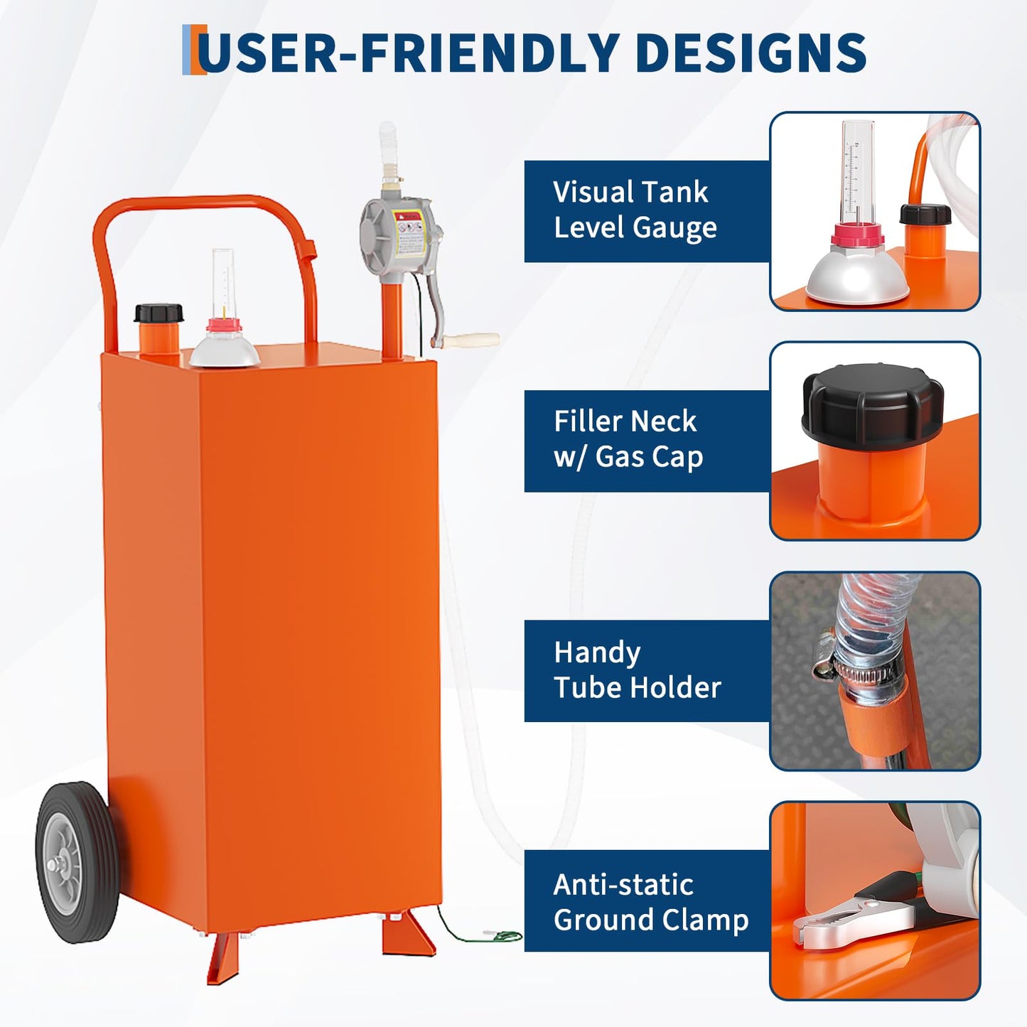GarveeTech 35 gal Fuel Caddy,Fuel Storage Tank with Manual Transfer Pump,Gasoline Diesel Fuel Container for Cars, Lawn Mowers, ATVs, Boats, More, Orange