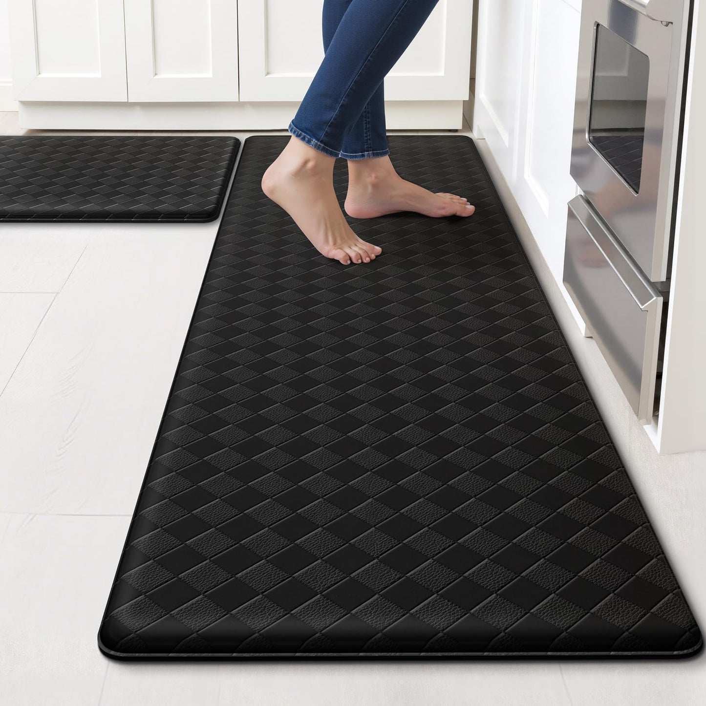 TranquilRelax Kitchen Mats, 2PCS Kitchen Rugs, Cushioned Anti Fatigue Kitchen Mats for Floor, Non-Slip Standing Desk Mat, Waterproof Kitchen Rug Set for Kitchen Floor Office,17.3"×30"+17.3"×59" Black