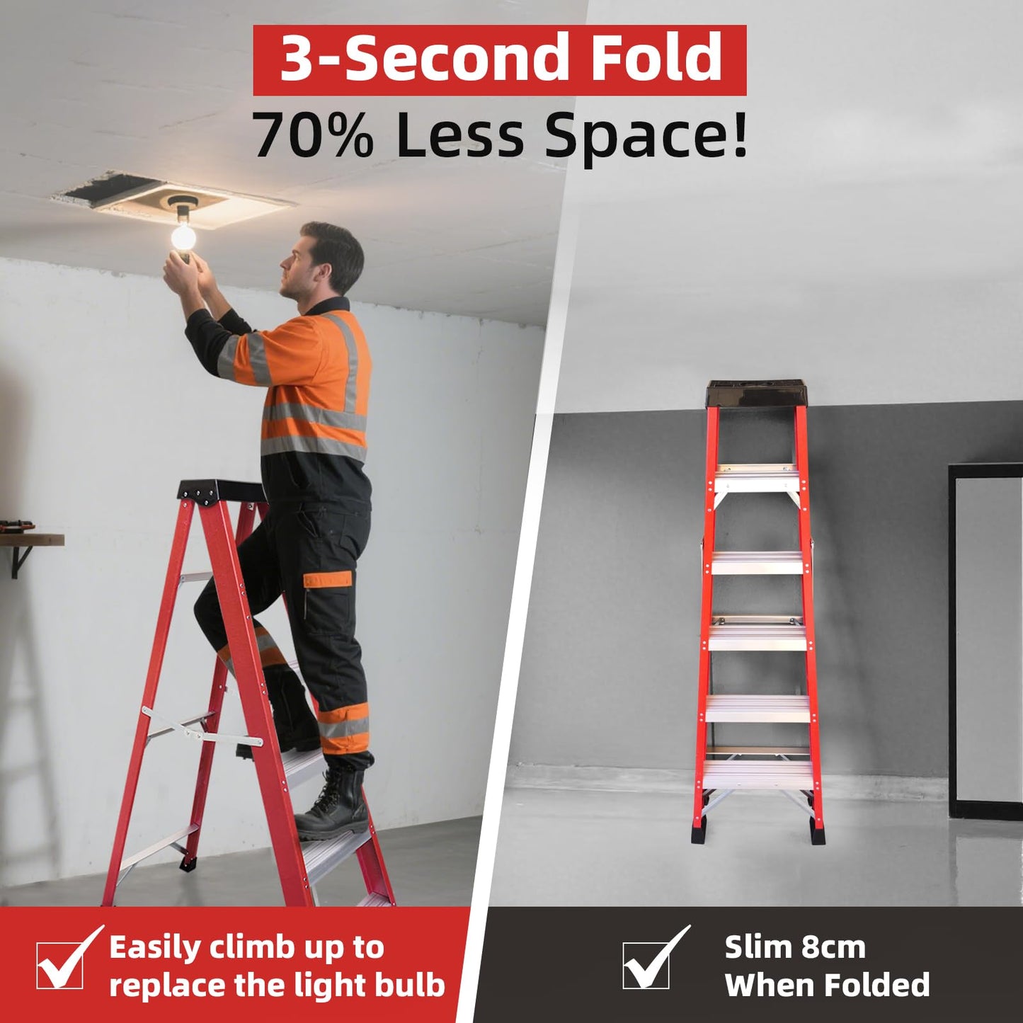 KEIKI 5 Step Fiberglass Ladder, 5FT Tall Step Ladders Folding with Tool Tray, Foldable Pool Frame Stepladder for Home Attic Stairs, Outdoor Sturdy Non-Slip Wide Pedals Load-Bearing 330 lbs, Red