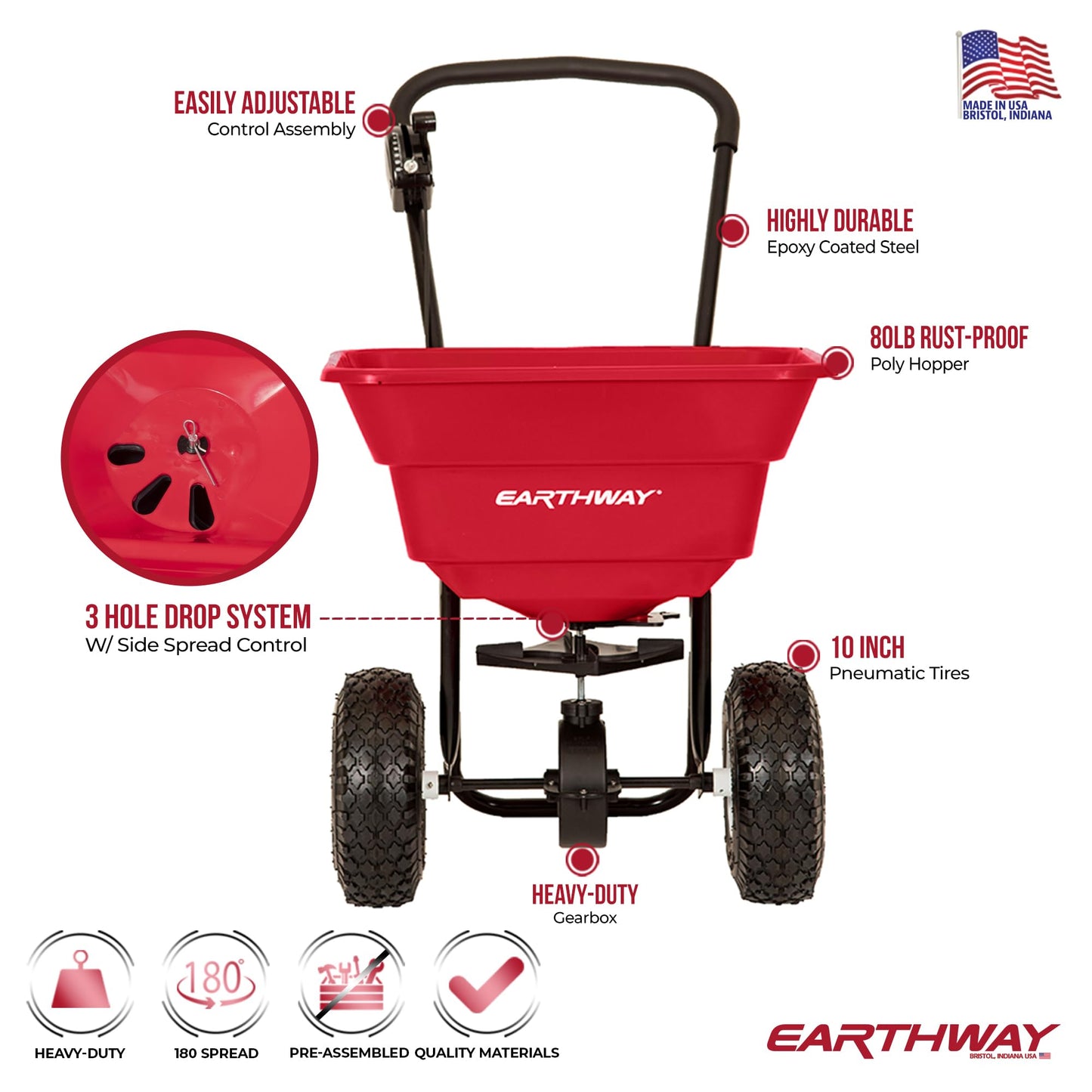 EarthWay 2050P 80lb Broadcast Spreader, Lawn Aerator, Fertilizer Spreader, 80lb Capacity, Pre-Assembled, with Rustproof Poly Hopper and Adjustable Drop Rate for Lawn Care & Seed Spreading