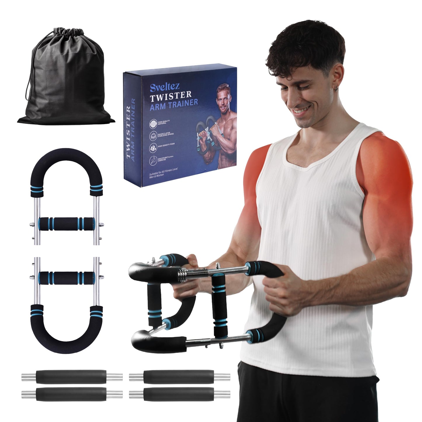 Sveltez Twister Arm Trainer for Men & Women – Upper Body Strength Bar, Chest Expander & Forearm Exerciser, Heavy-Duty Home Workout Equipment for Arm Muscle Training, 30-120 lbs Resistance (Blue)