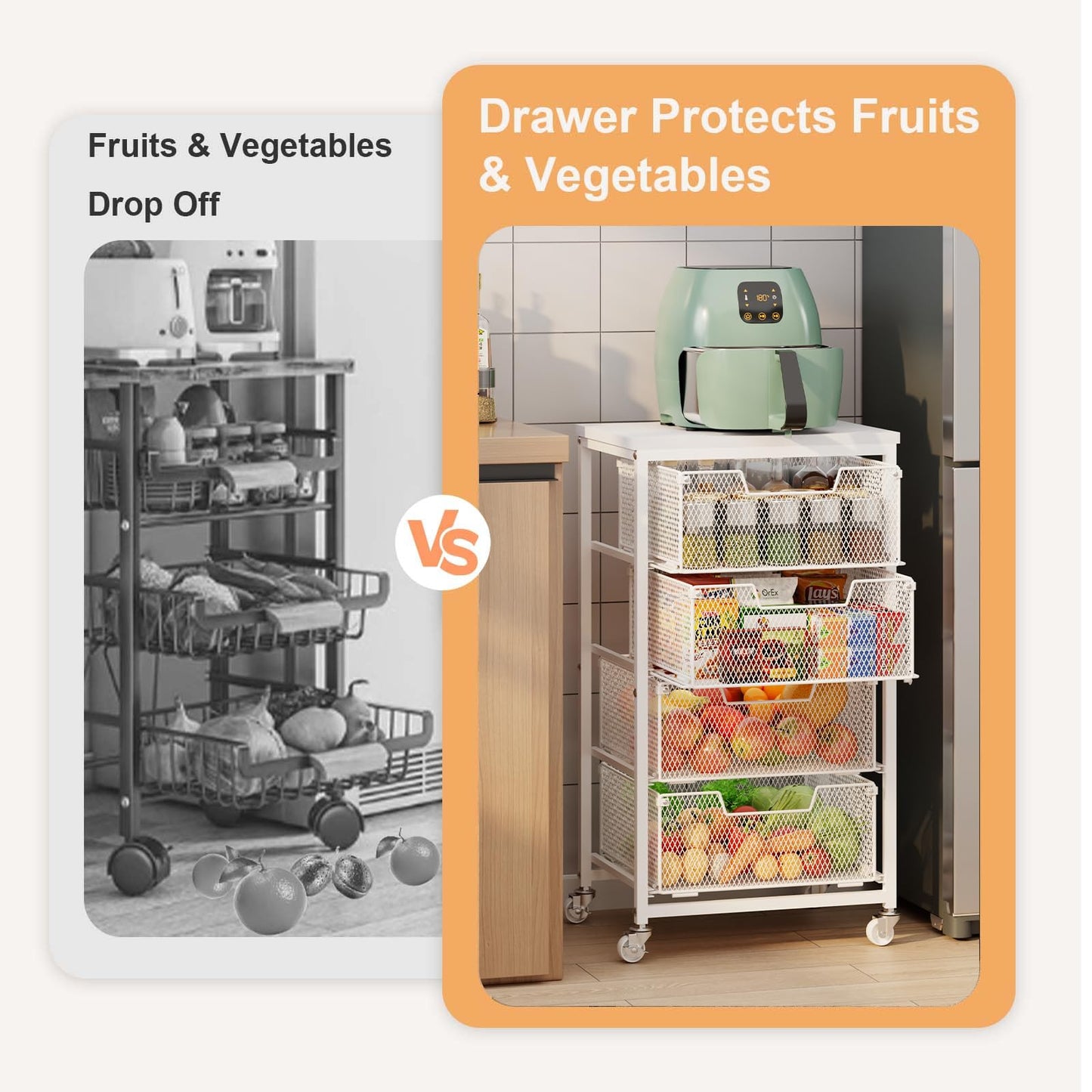4-Tier Kitchen Storage Cart - Fruit Vegetable Storage Cart with Drawers, Wooden Top Metal Wire Kitchen Organizer and Storage Cart with Wheels to Storage Onions Potatoes Cans Snacks for Kitchen