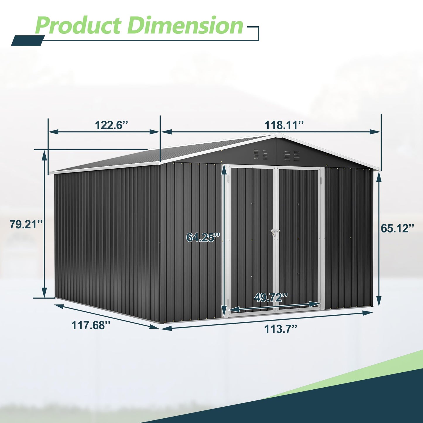 10'x10' Galvanized Steel Storage Shed with 4 Top Air Vents, Lockable Double French Door Large Garden Tool Shed, Black