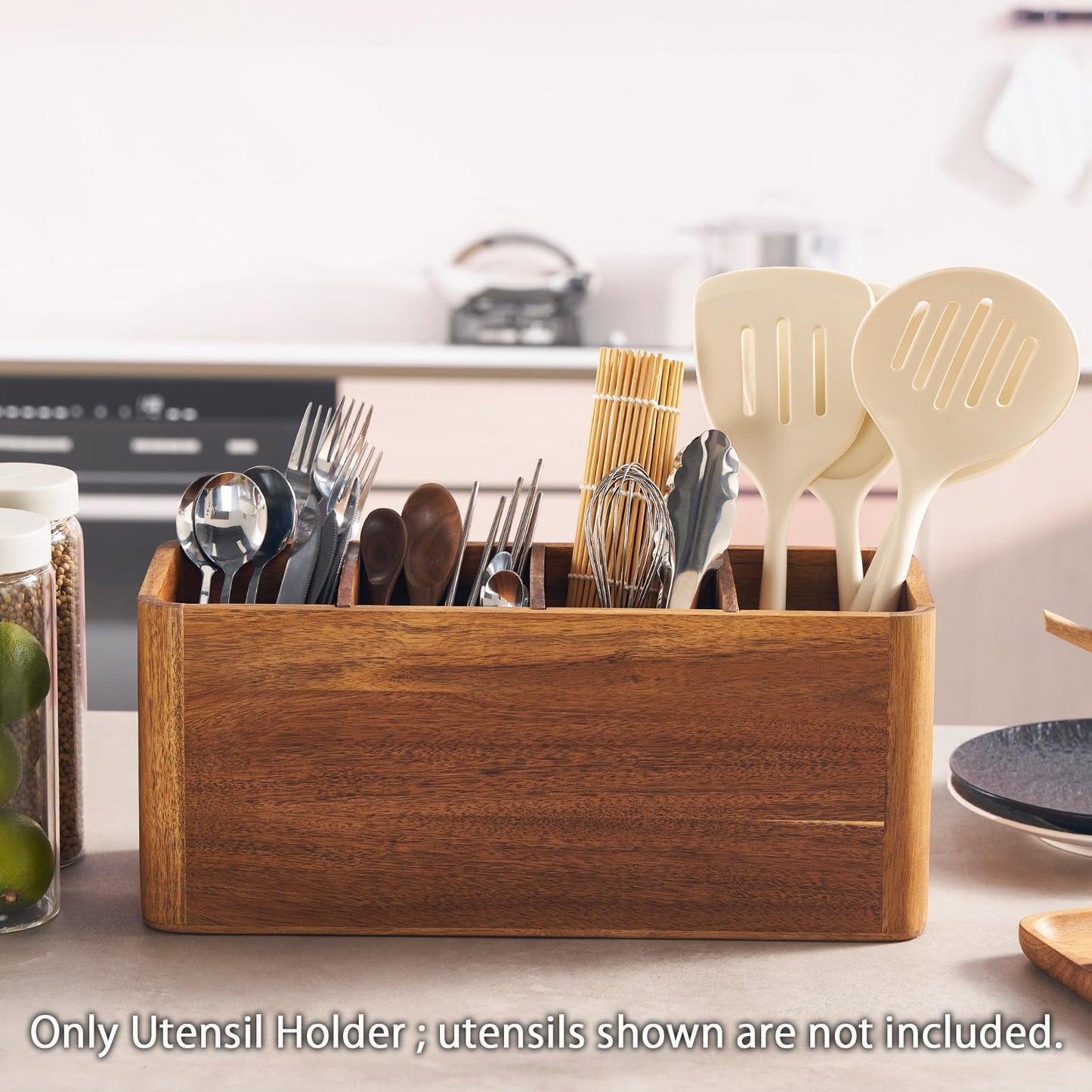 SANOSY 16" Wooden Kitchen Utensil Holder, Extra Large Acacia Wood Organizer for Cooking Tools, Utensils & Cutlery Storage – 4-Compartment Countertop Holder