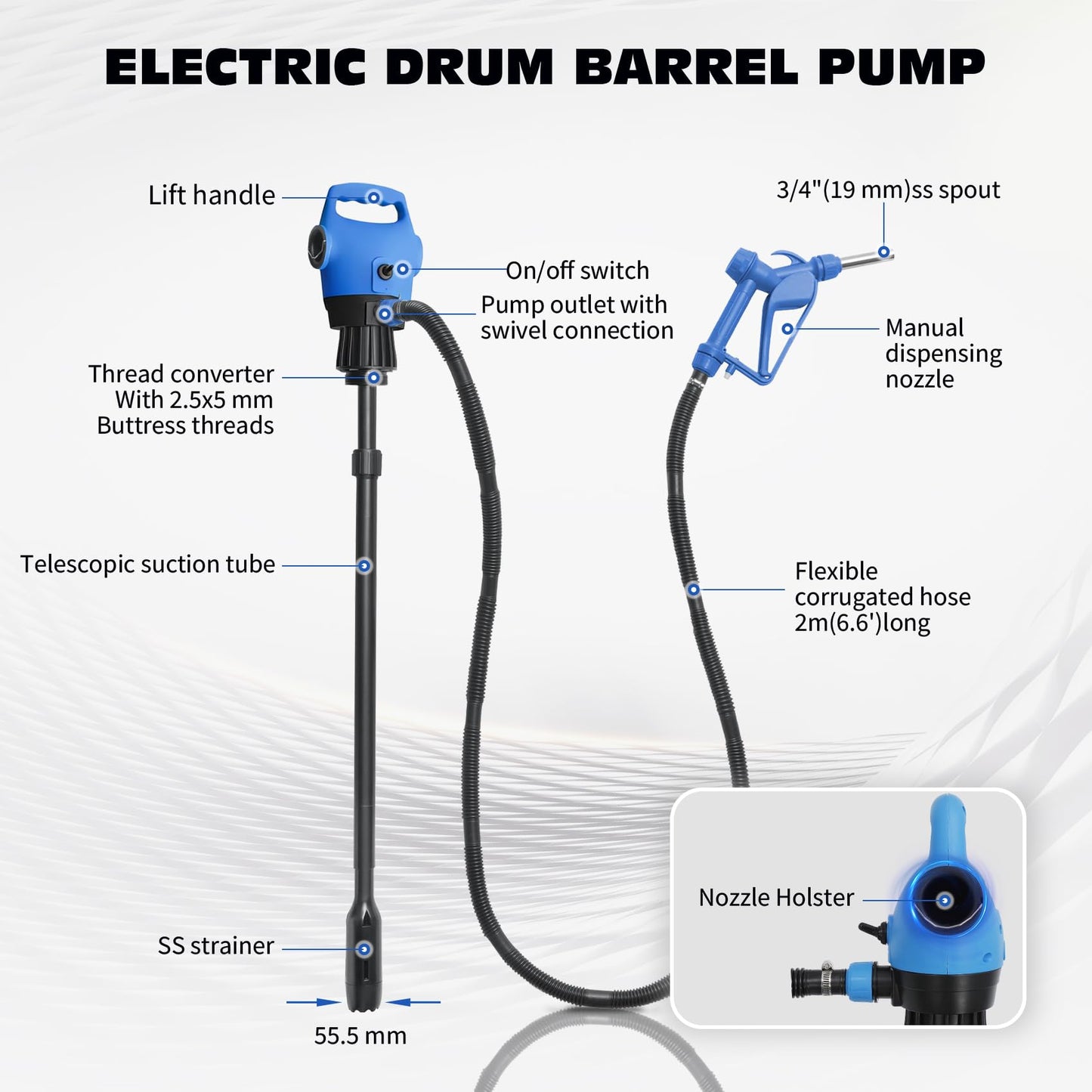 Electric Drum Pump, 55 Gallon AC/DC Drum Transfer Pump with Adjustable Suction Tube, Portable Electric Barrel Transfer System for Oil, Diesel, DEF, Water, Automotive & Industrial Use
