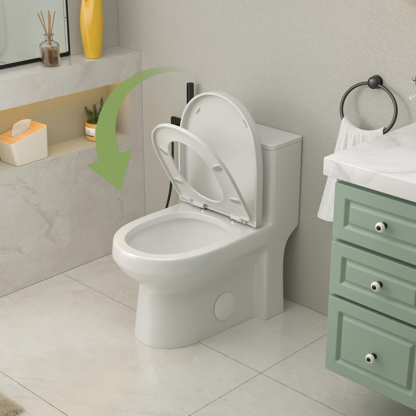 Yurshen 15.7" Elongated One Piece Toilet Compact for Small Bathroom Dual Flush 1.1/1.6 GPF, 12" Rough-in High Efficiency Flush, Standard White Bowl Ceramic- 24.7"D x 13.5"W x 28.2"H