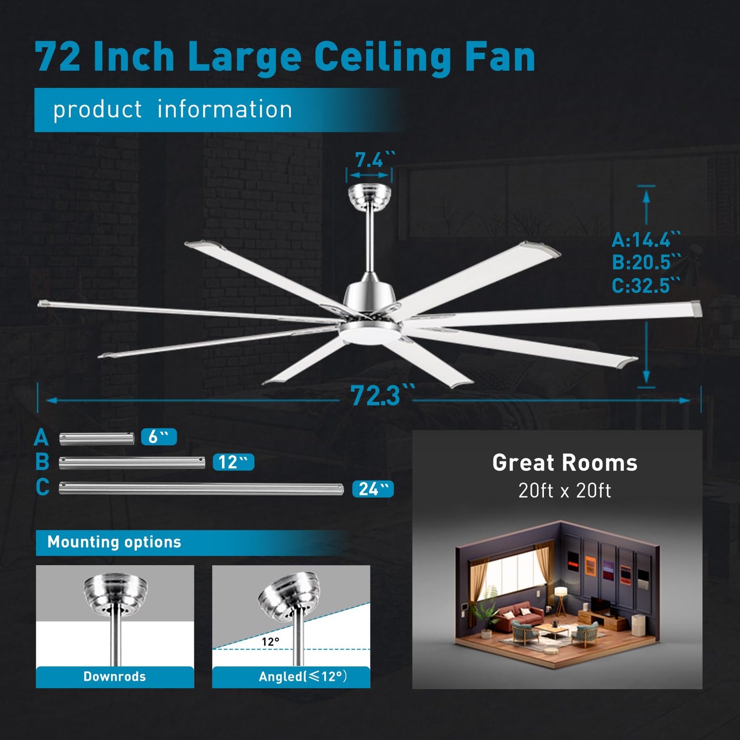 72 lnch lndustrial Celing Fan with Light and Remote Control,Large Celing Fan with 8 Brushed Nickel Aluminum Blades,6 Speed Noiseless DC Motor,Wet Rated Indoor Outdoor Ceiling Fans for Patio,Garage