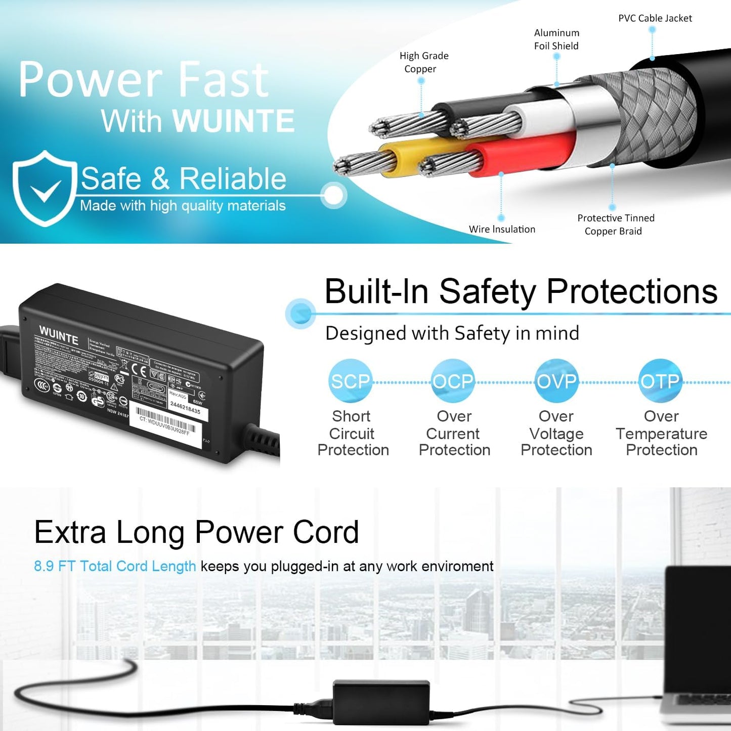 WUINTE 65W 45W Charger Compatible with Acer Laptop Chromebook Charger USB C Fast Power Adapter
