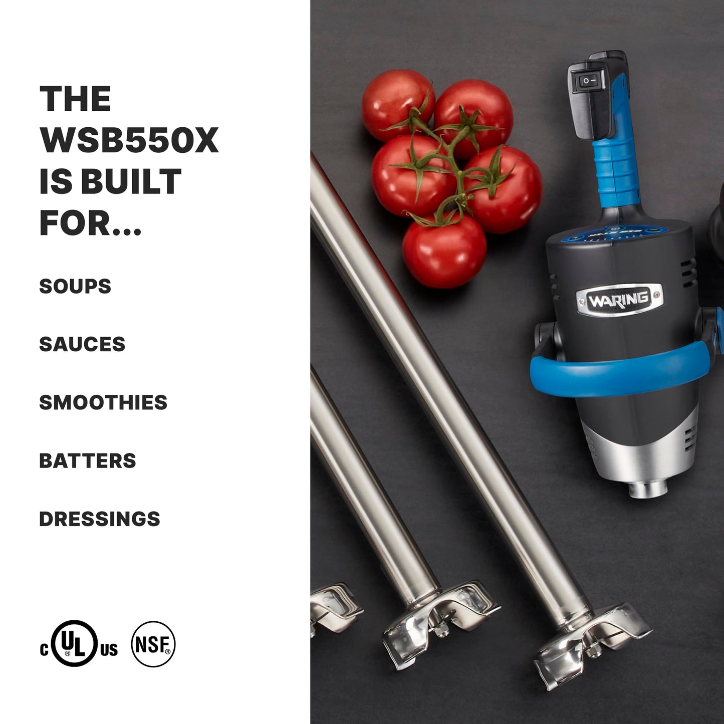 Waring Commercial EvolutionX Immersion Blender, 1.5 Horsepower Motor, 14" Stainless Steel Shaft, Variable Speed, 15-Gallon Capacity, for Professional Hand Blender for Kitchens & Catering, WSB550X