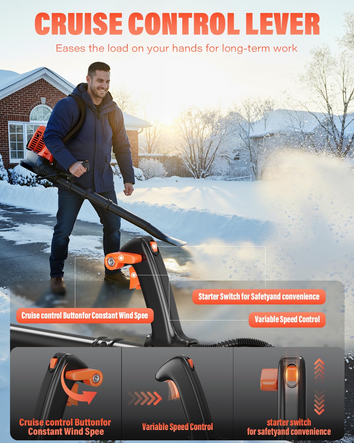 Relxxon Gas Powered Backpack Leaf Blower - 52cc 2-Stroke Engine, 200 MPH 550 CFM Heavy Duty Lawn Care Tool for Debris & Snow - 17.2lb Ultralight Design - 40oz Fuel Tank (Orange)
