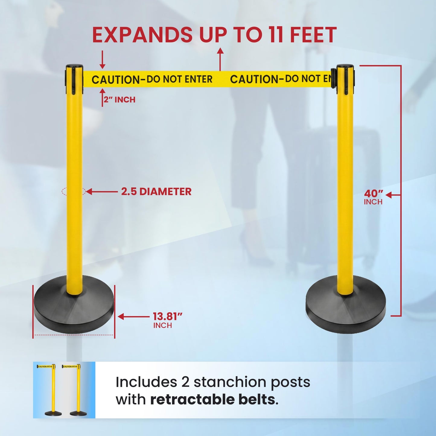 Crowd Control Warehouse Set of 2 Stanchion Retractable Belt Barriers, 11 Foot 'Caution Do Not Enter' Belt Barrier with 40” Yellow Posts, Barriers with Heavy Duty Concrete Base, CCW Series RBB-100