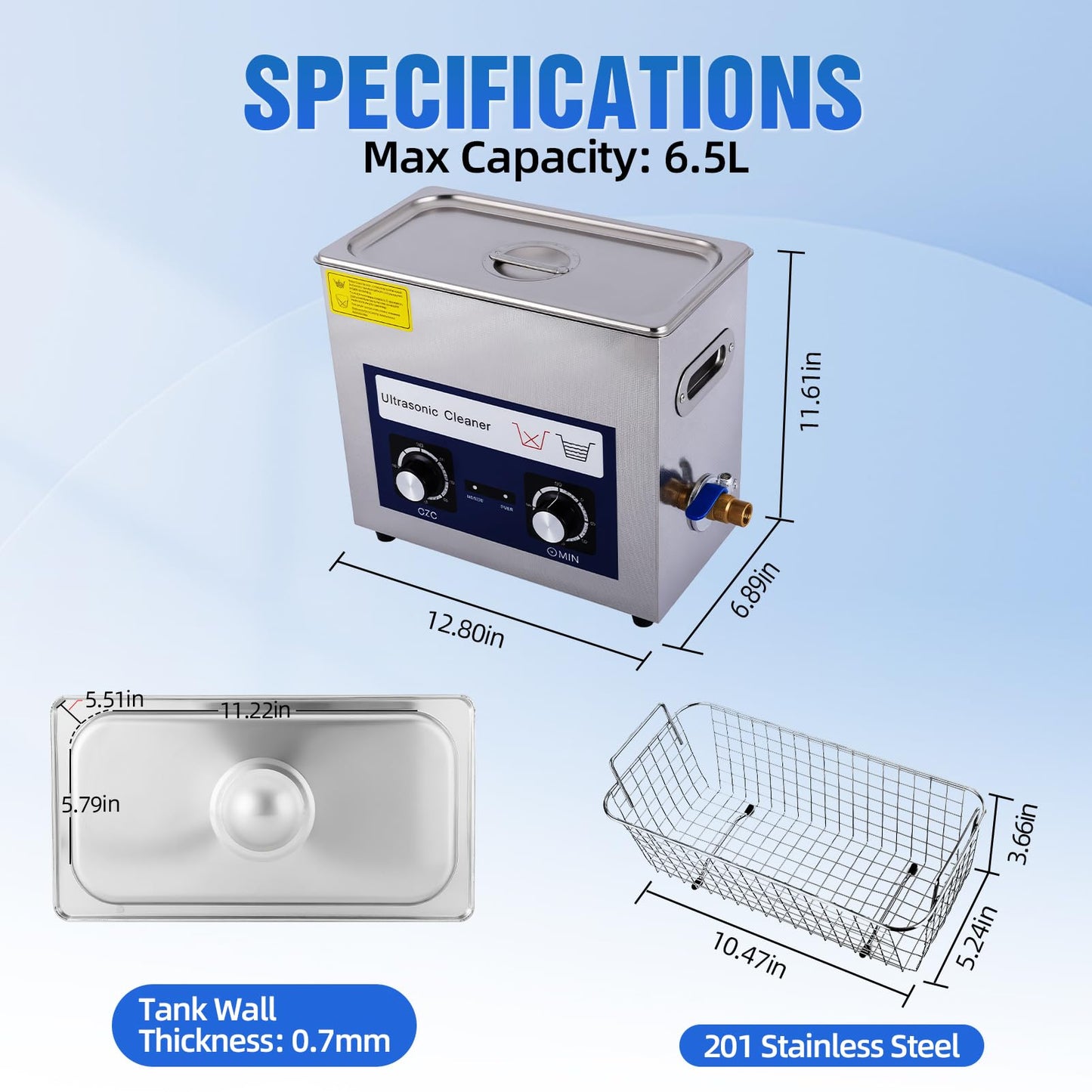 DACAT-RICHFU 6.5L Ultrasonic Cleaner Machine with Heater Timer, 180W Stainless Steel Ultrasonic Washing Machine, 40KHz Sonic Jewelry Glasses Parts Washer for Jewelry Eyeglasses Tools Parts