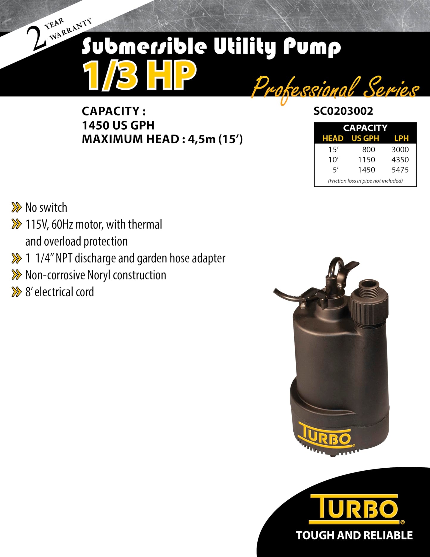 Turbo 1/3HP Submersible Utility Pump without Switch