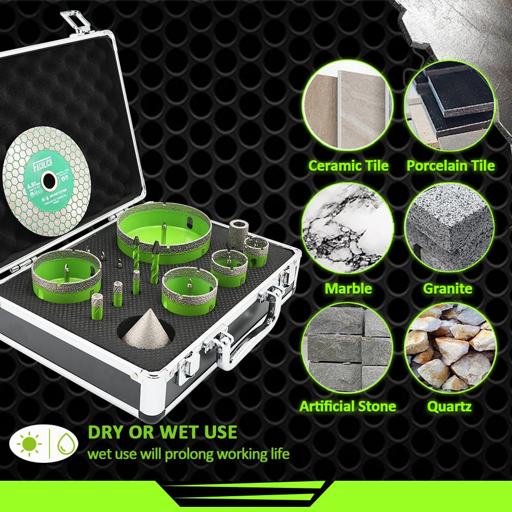 FACHLICH Tile Hole Saw Kit - 16pcs Diamond Hole Saw (6/8/10/25/35/50/65/100mm) with Finger Bit and Chamfer Bit, Tile Drill Bits for Porcelain Ceramic Marble Brick Granite
